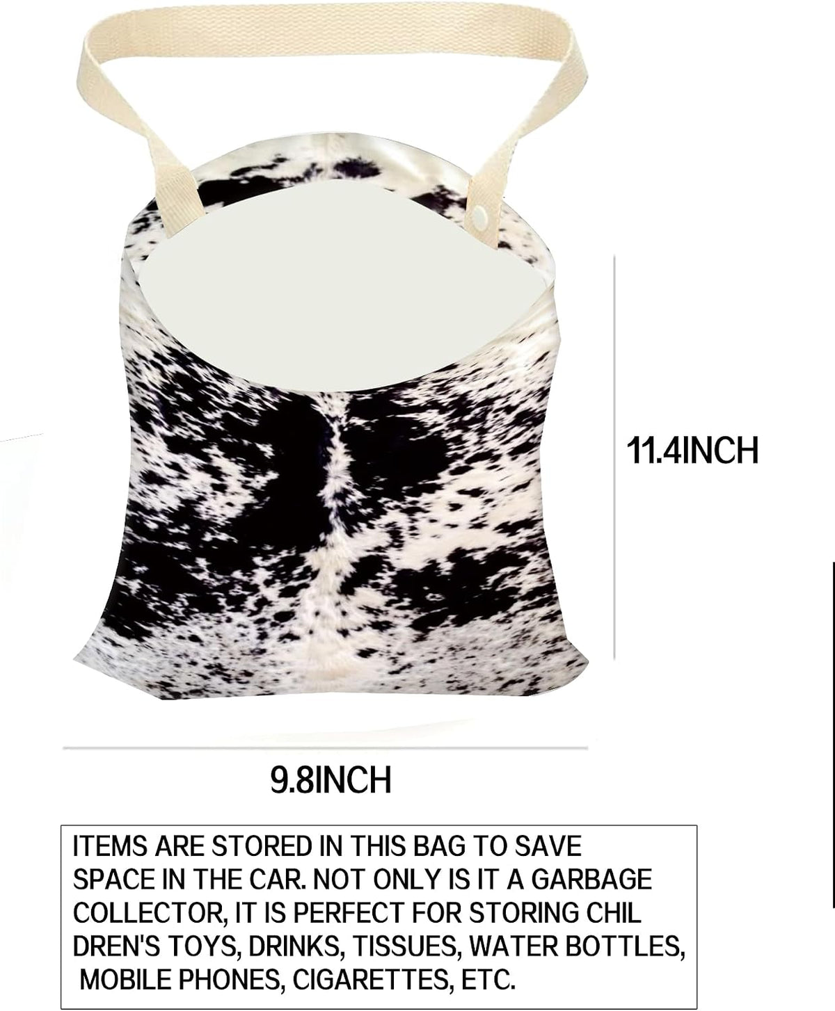 Hanging Car Trash Can Bag - Black & White Cowhide, Retro Design, Back Seat Organizer for Travel, Camping & Vehicle Accessories