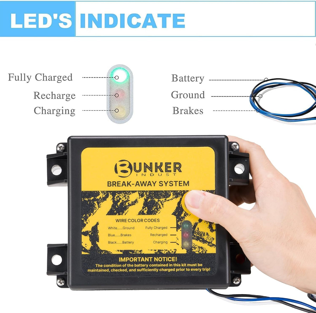BUNKER INDUST Trailer Brake Breakaway Kit with Charger, LED Display, Switch, 12V 5Ah Battery for Trailer Caravan