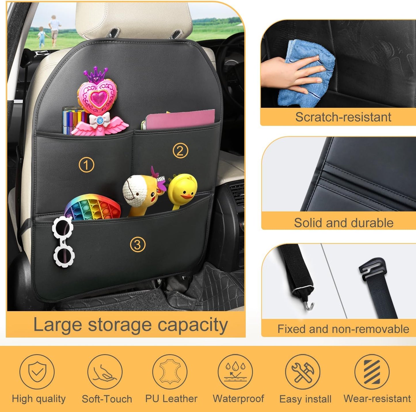 2 Pack PU Leather Kick Mat Back Seat Protector With 3 Storage Pockets, Universal Car Seat Back Organizer For Kids Pets, Waterproof Backseat Protector For Most Car (Black)