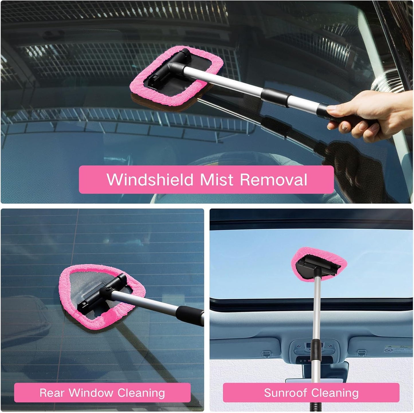 Qydipclin 10pcs Windshield Cleaning Tool Inside Car Window Cleaner Wash Kit with 4 Reusable Microfiber Pads 1 Spray Bottle and Extendable Handle Interior Auto Glass Wiper Kit, Pink