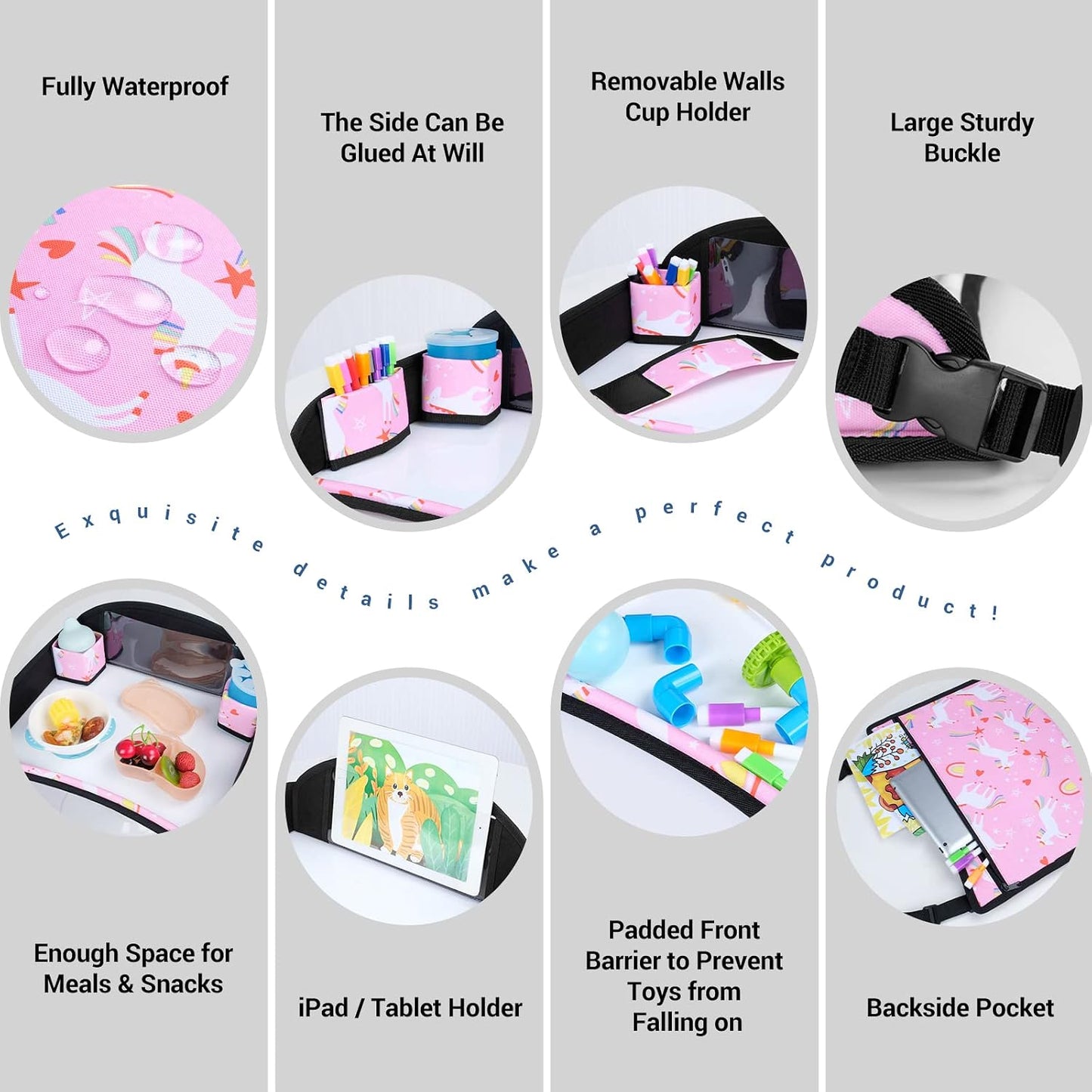 COOLBEBE Kids Travel Tray for Toddler Car Seat, Portable Car Seat Lap Tray with 2 Cup Holders, Pink Unicorn Design for Airplane, Road Trip Activities