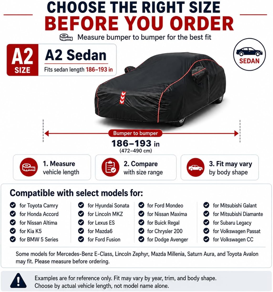 Car Cover Waterproof All Weather, 8-Point Fastening for Sedans 186-193 in | 8-Point Fastening, 120s Quick Setup, 600D Oxford Fabric, All-Weather Protection