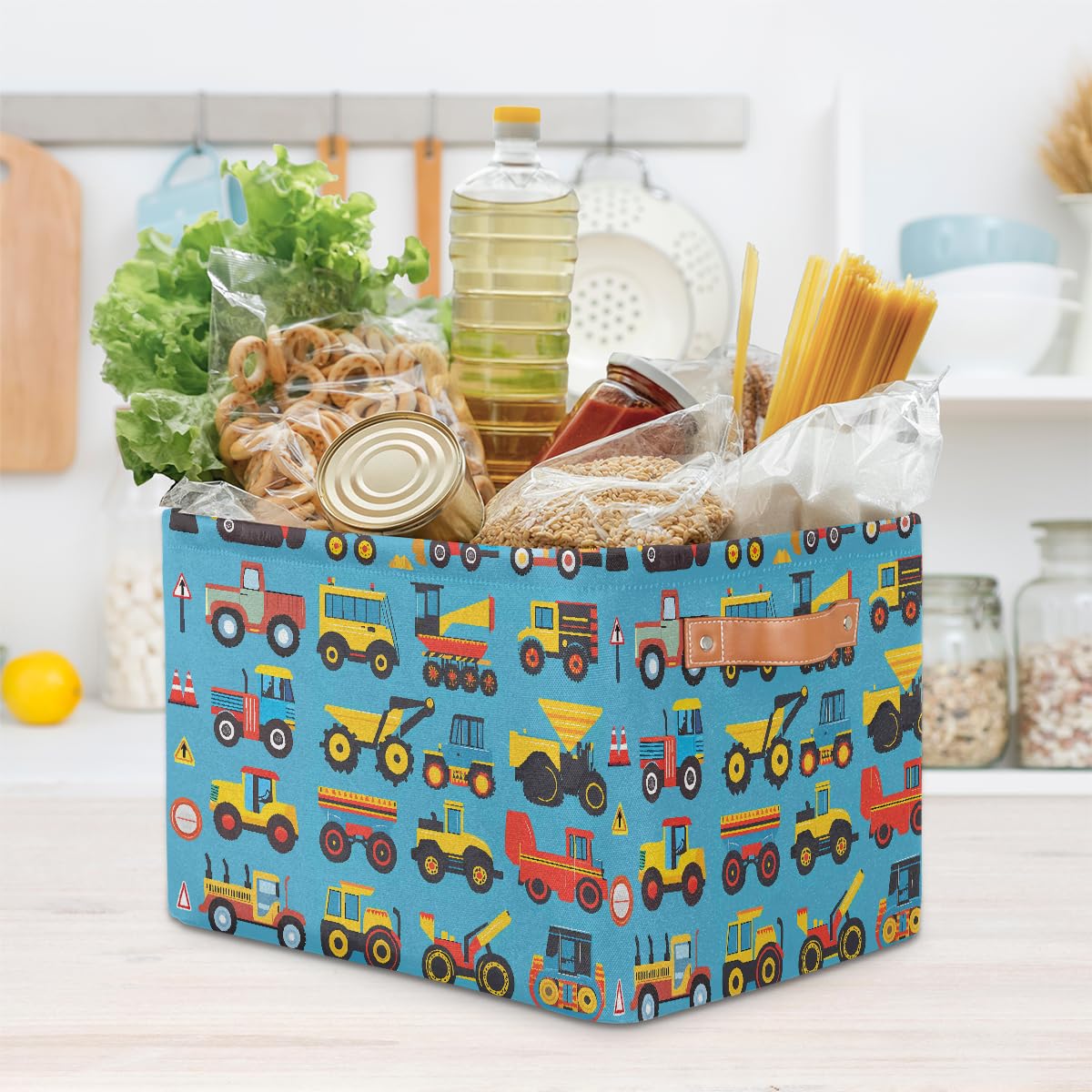 Cartoon Construction Storage Baskets for Organizing, Fabric Collapsible Storage Bins Box Cars Tractors Bulldozers Decorative Toy Organizer Baskets for Closet Shelves Gift Basket 1 Pc