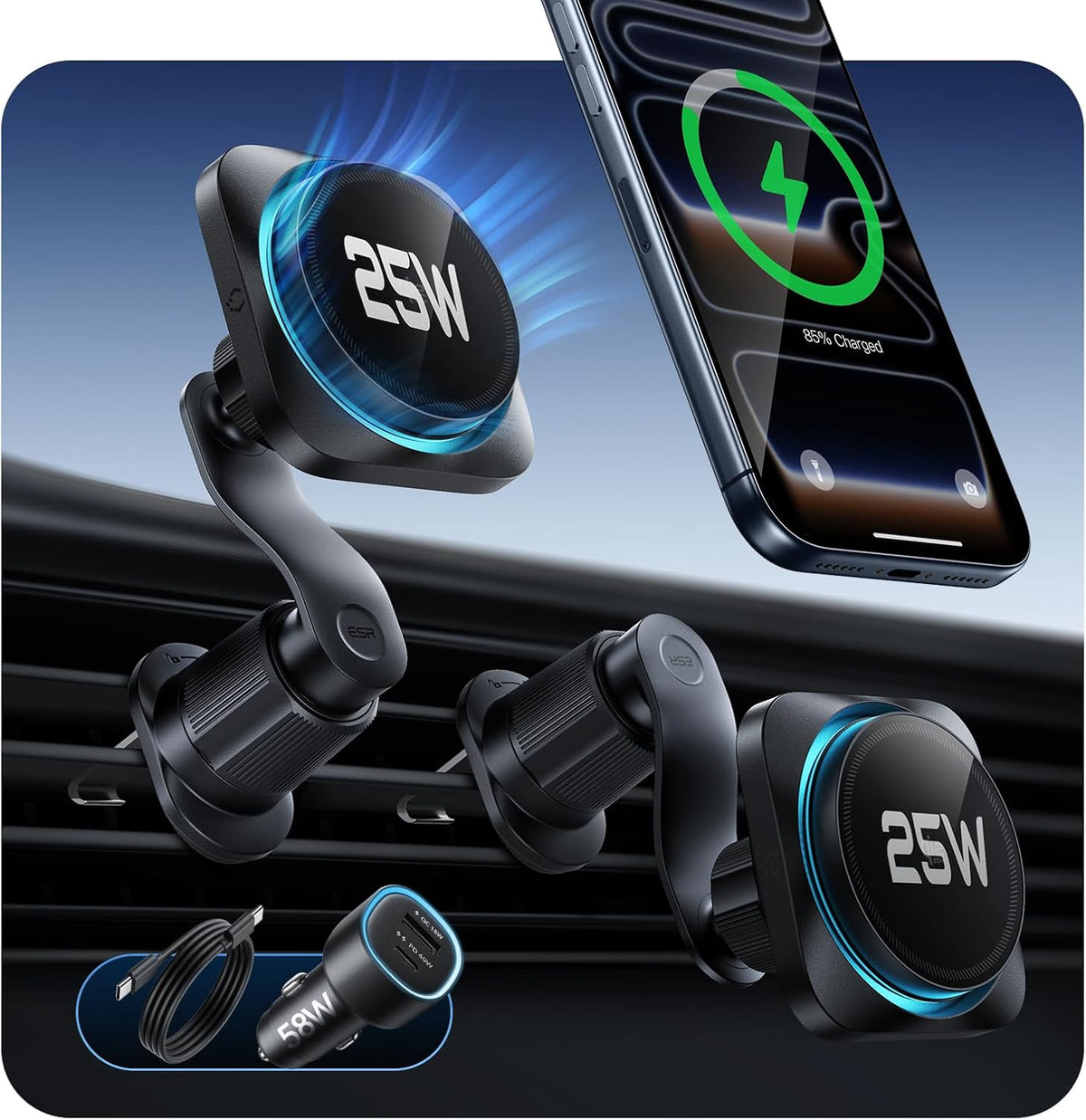 ESR OmniLock Qi2.2 25W Certified MagSafe Car Mount Charger with Cryoboost