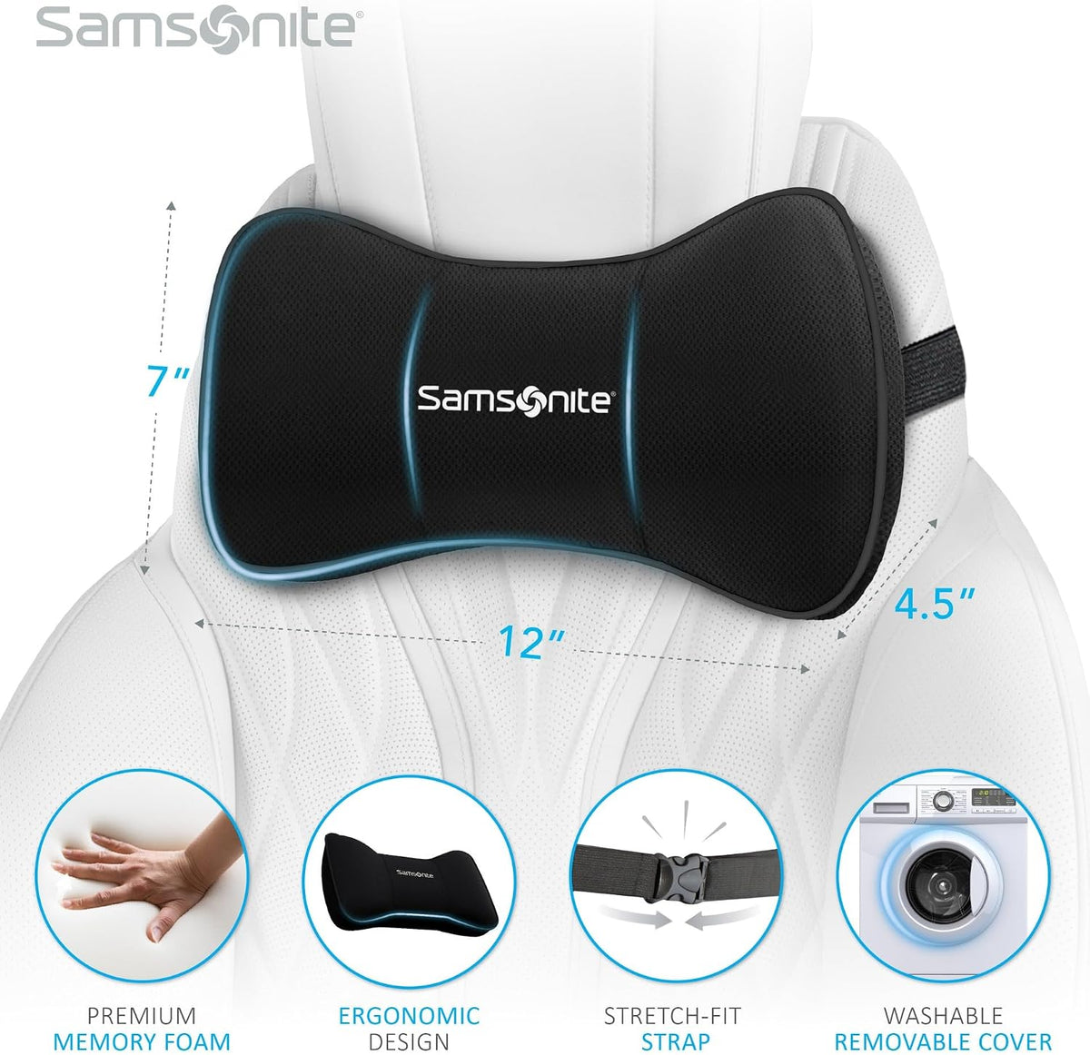 SAMSONITE Travel Neck Pillow – Memory Foam Car Seat Headrest Cushion, Ergonomic Neck Support for Driving, Adjustable, Comfortable Head Rest for Long Trips, Travel Pillow for Cars & Office Chairs