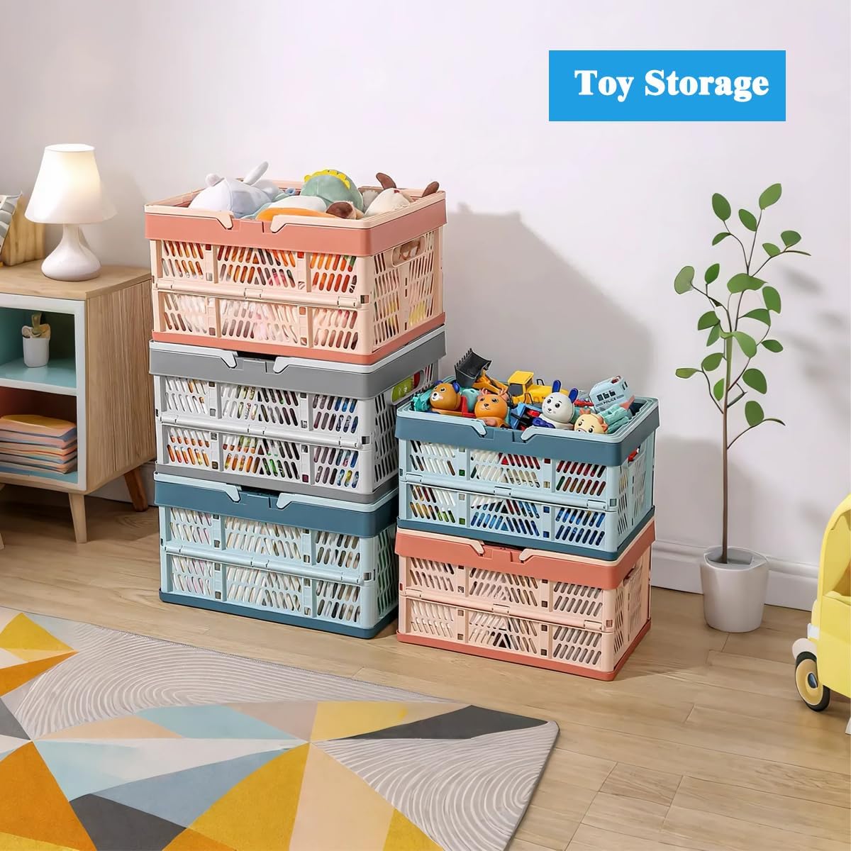 Collapsible Storage Crate with Handles, Milk Crates，33L Foldable Plastic Shopping Basket, Organizer Container for Car Home Pinic (Light blue, Large)