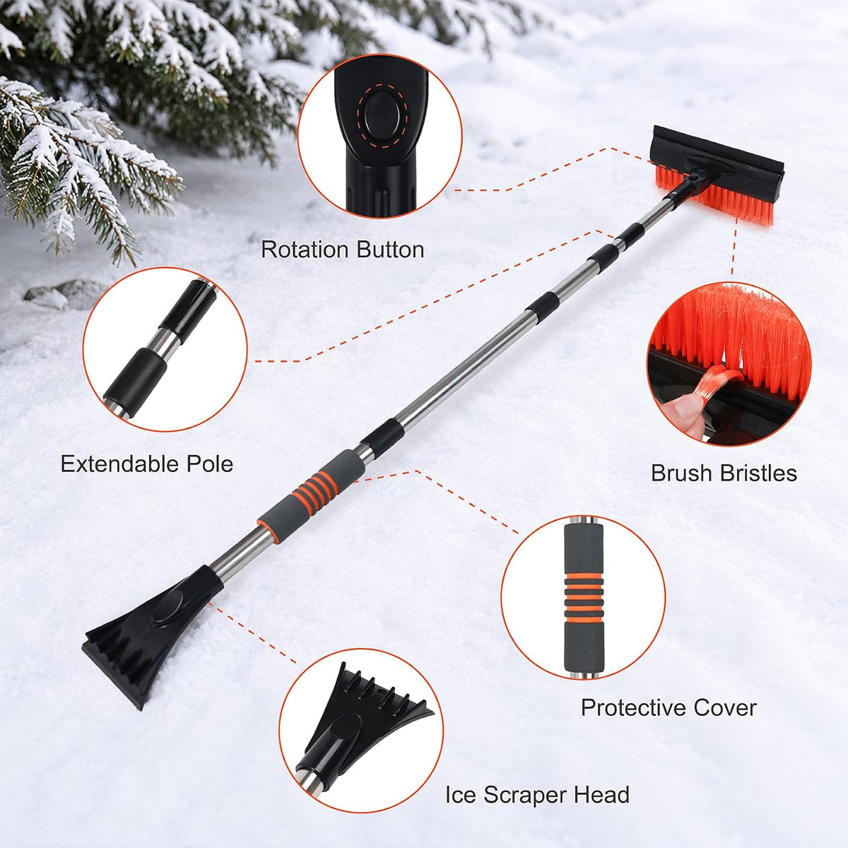 51" Car Ice Scraper and Snow Brush with Foam Grip,3-in-1 Ice Scrapers for Car Windshield, Effortless Winter Vehicle Maintenance Extension for Cars, Trucks, and SUVs