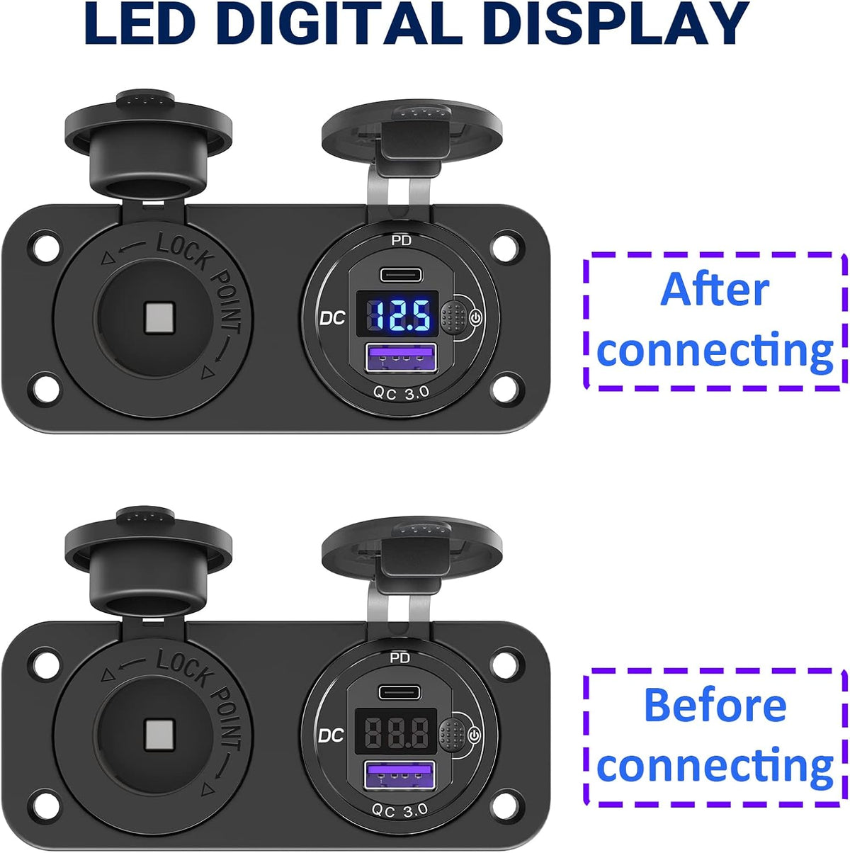 Cigarette Lighter Socket 12 Volt USB Outlet: PD 20W C and QC3.0 Car Port Aluminum Metal 12V Plug, 150W Charger Panel with Power Switch LED Voltmeter for Marine Boat RV Golf Cart