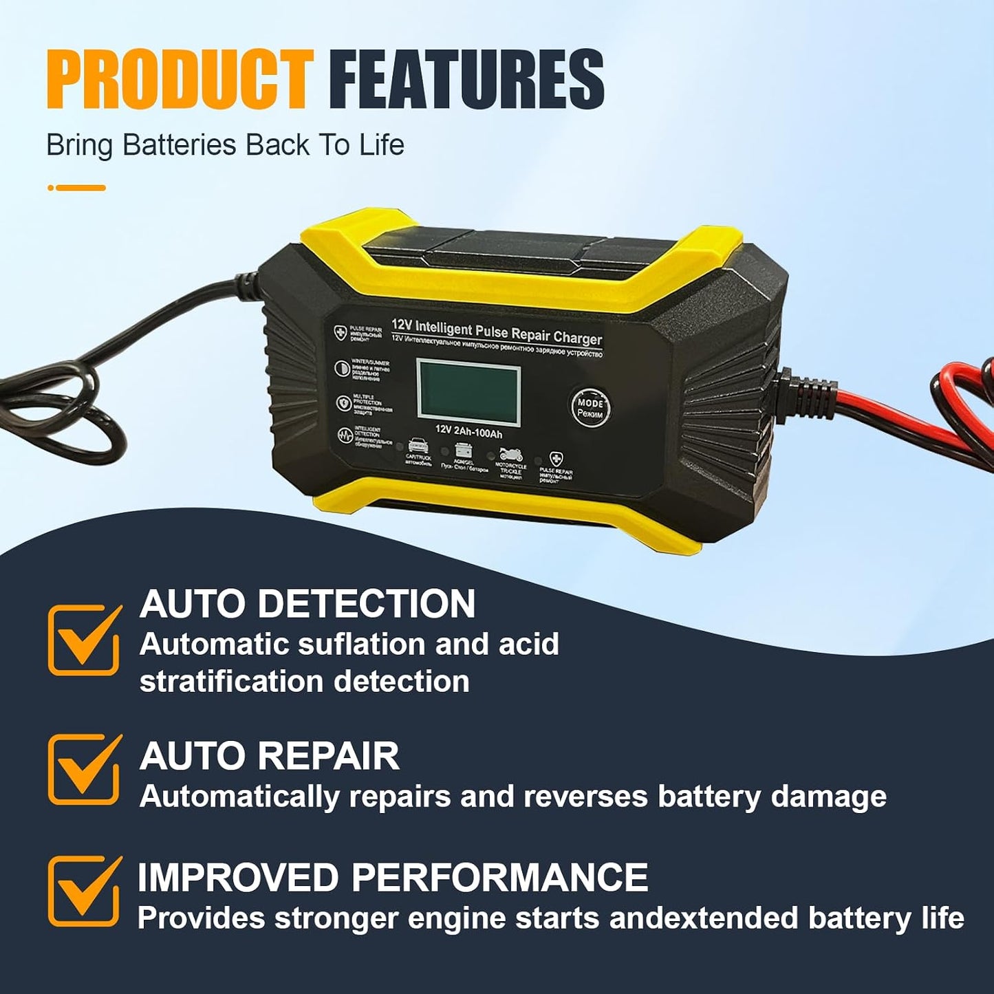 Car Battery Charger, 12V 6A Automatic Smart Battery Trickle Charger with LCD Display, Battery Maintainer Desulfator with Temperature Compensation, Universal for Car, Truck, SUV RV, Boat
