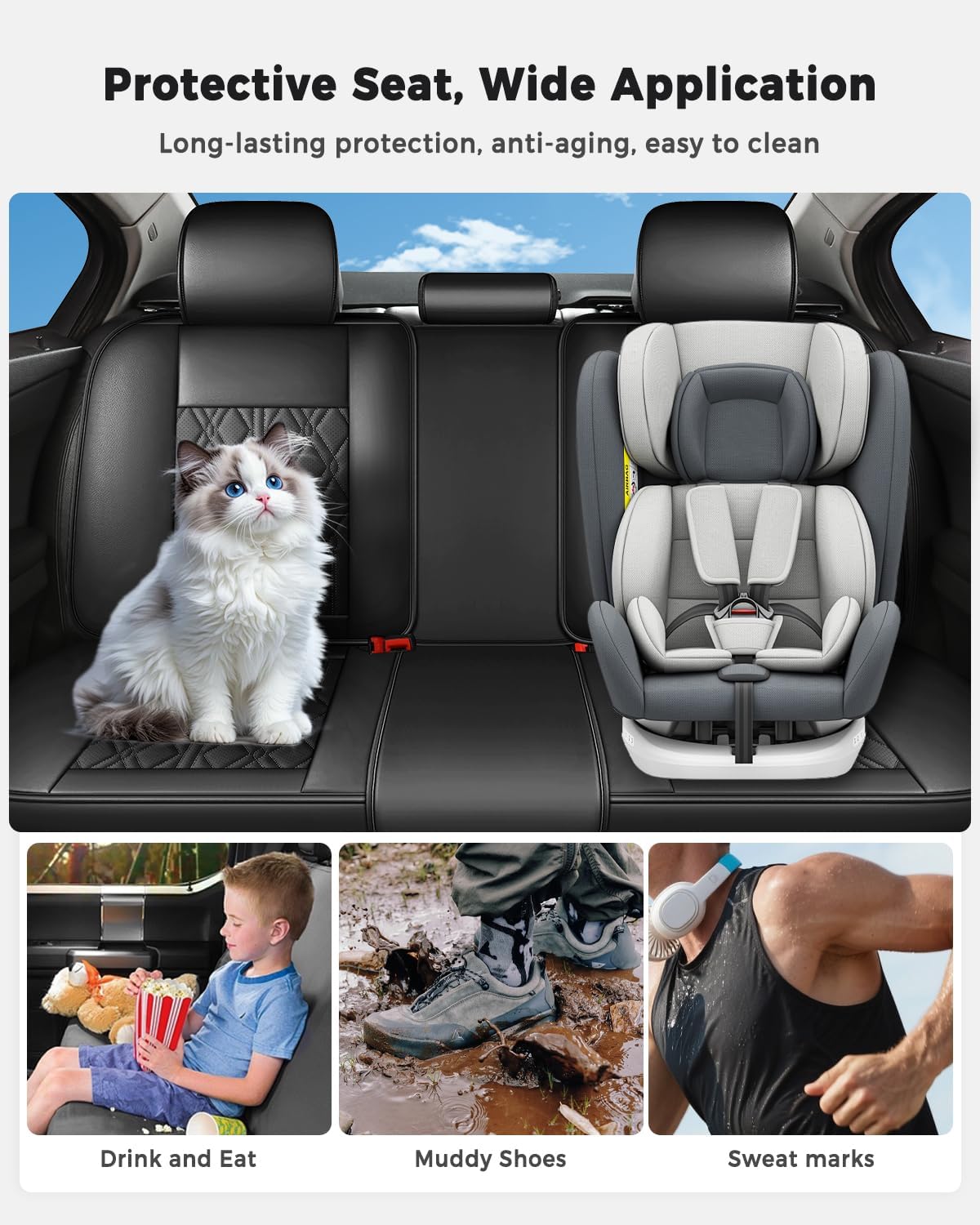 Huidasource Leather Seat Covers Full Set, Car Seat Cover Universal Fit for Most Cars Sedans SUVs Trucks, Airbag Compatible, Cup Holder Access, Easy Install, Wipes Clean, Wear-Resistant, Black