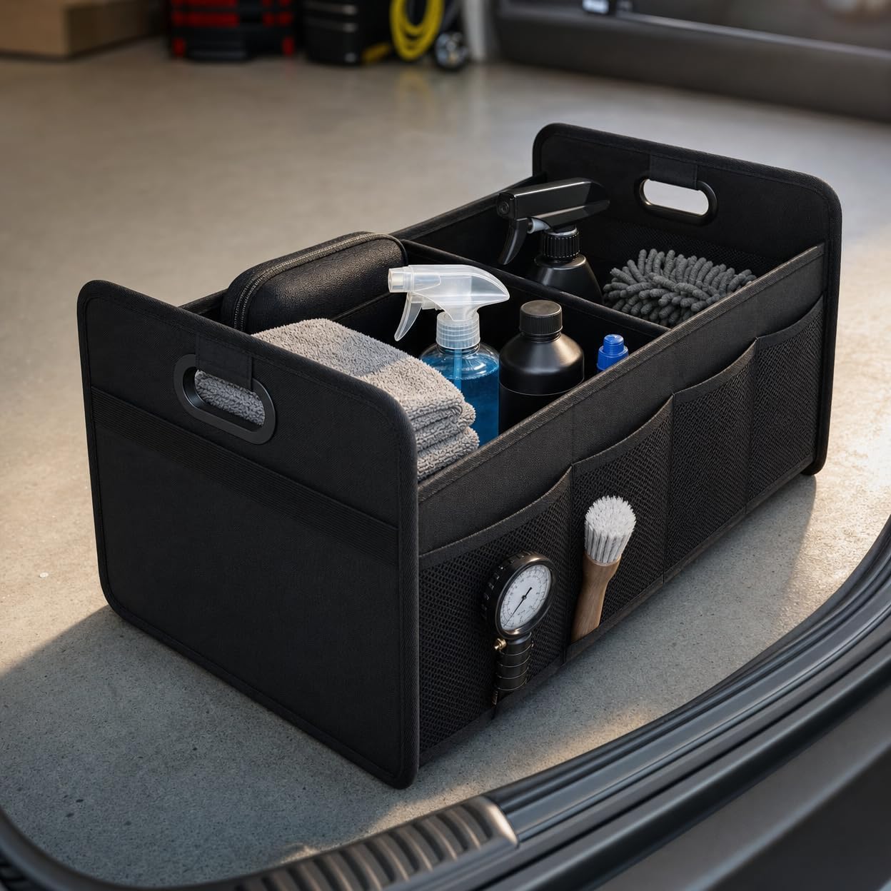 Car Trunk Organizer Foldable Waterproof Storage Caddy with Handles, Collapsible Auto Organizer for SUV, Truck, Van, Black