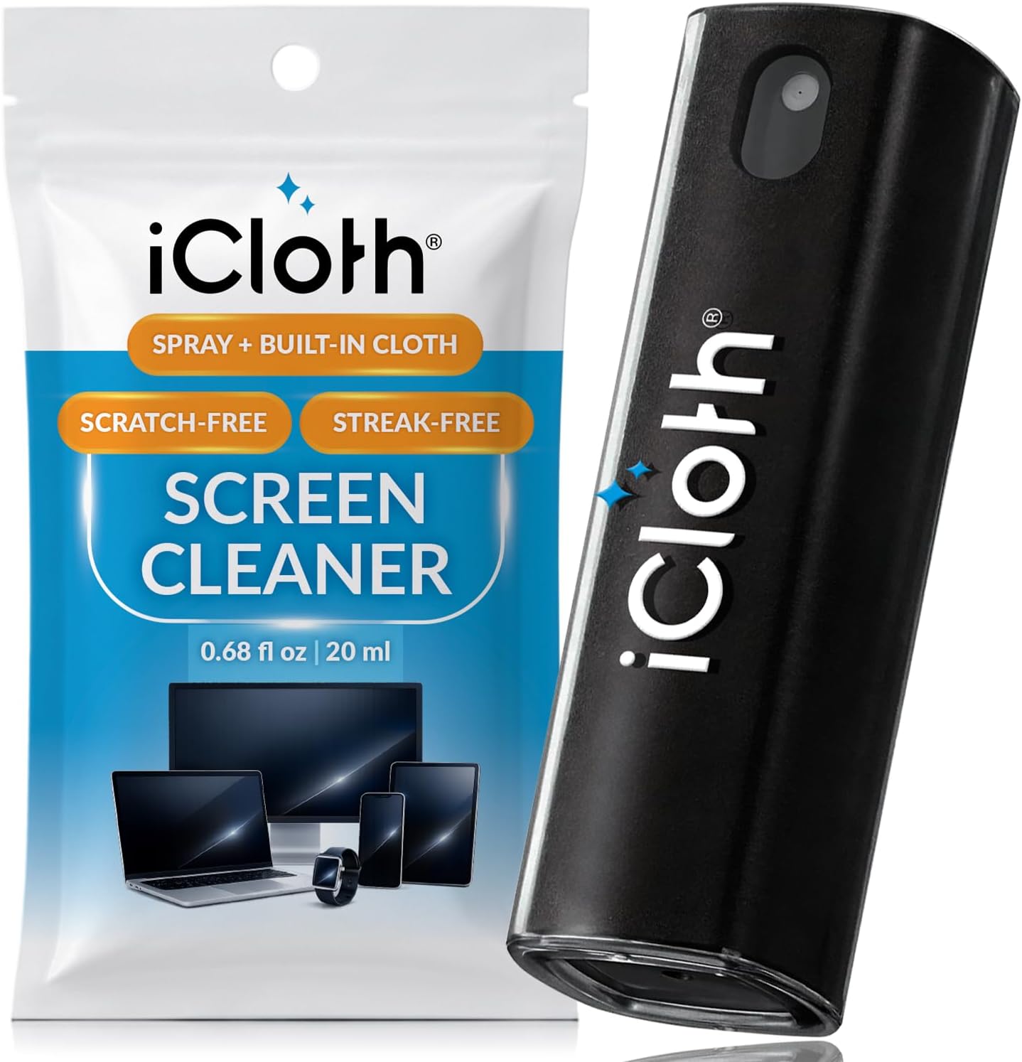 iCloth 2-in-1 Screen Cleaner Spray with Built-in Microfiber Cloth for Laptops, Tablets, Phones, Car Screens, and Touchscreens, Streak-Free &amp; Anti-Smudge, Large 0.68 fl oz (20ml) Bottle