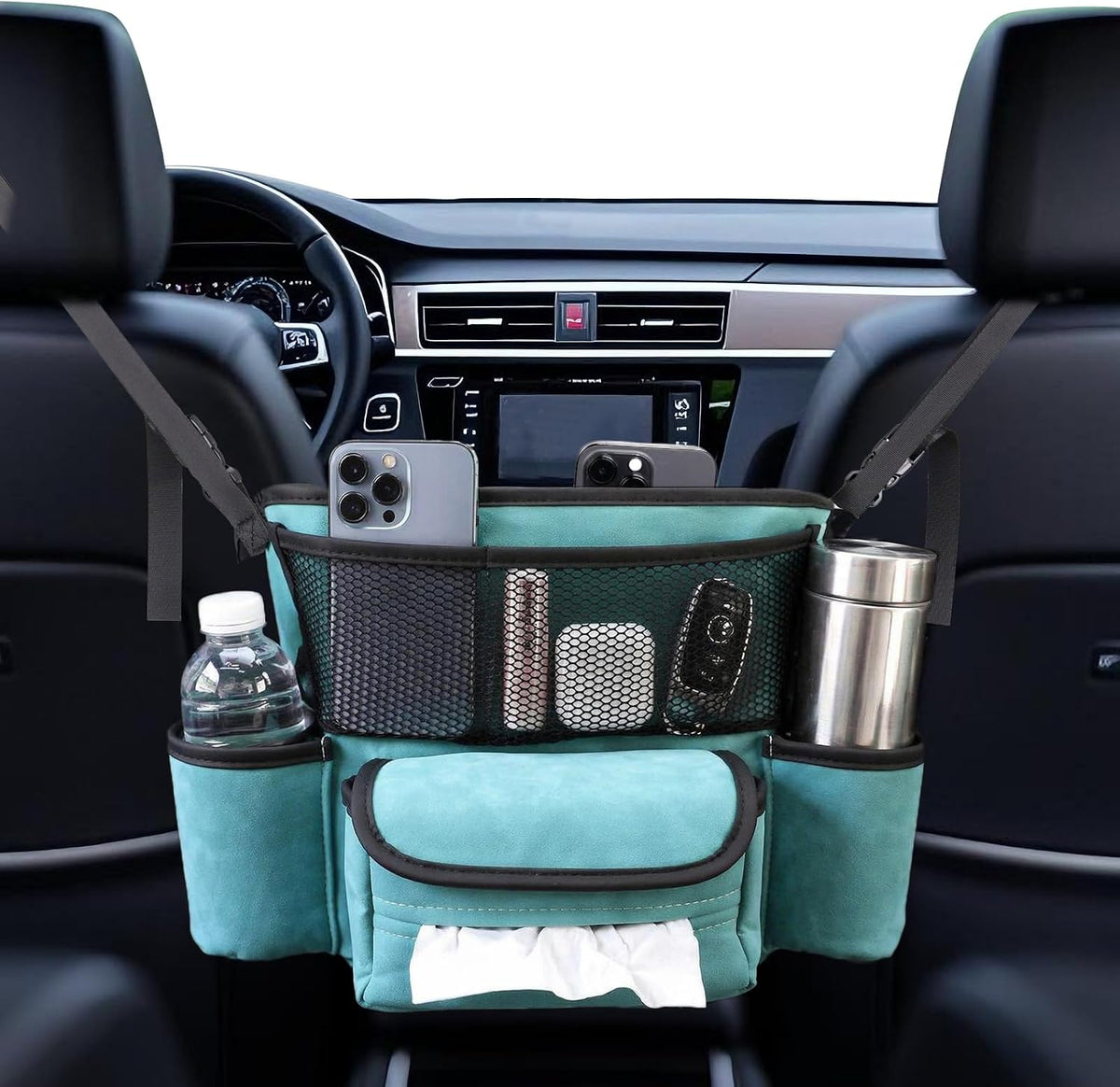 Car Handbag Holder Between Seats Suede Large Capacity Car Purse Holder Automotive Consoles, Fits Between Front Seats, Holds Wallet, Phone & Essentials (Brown)