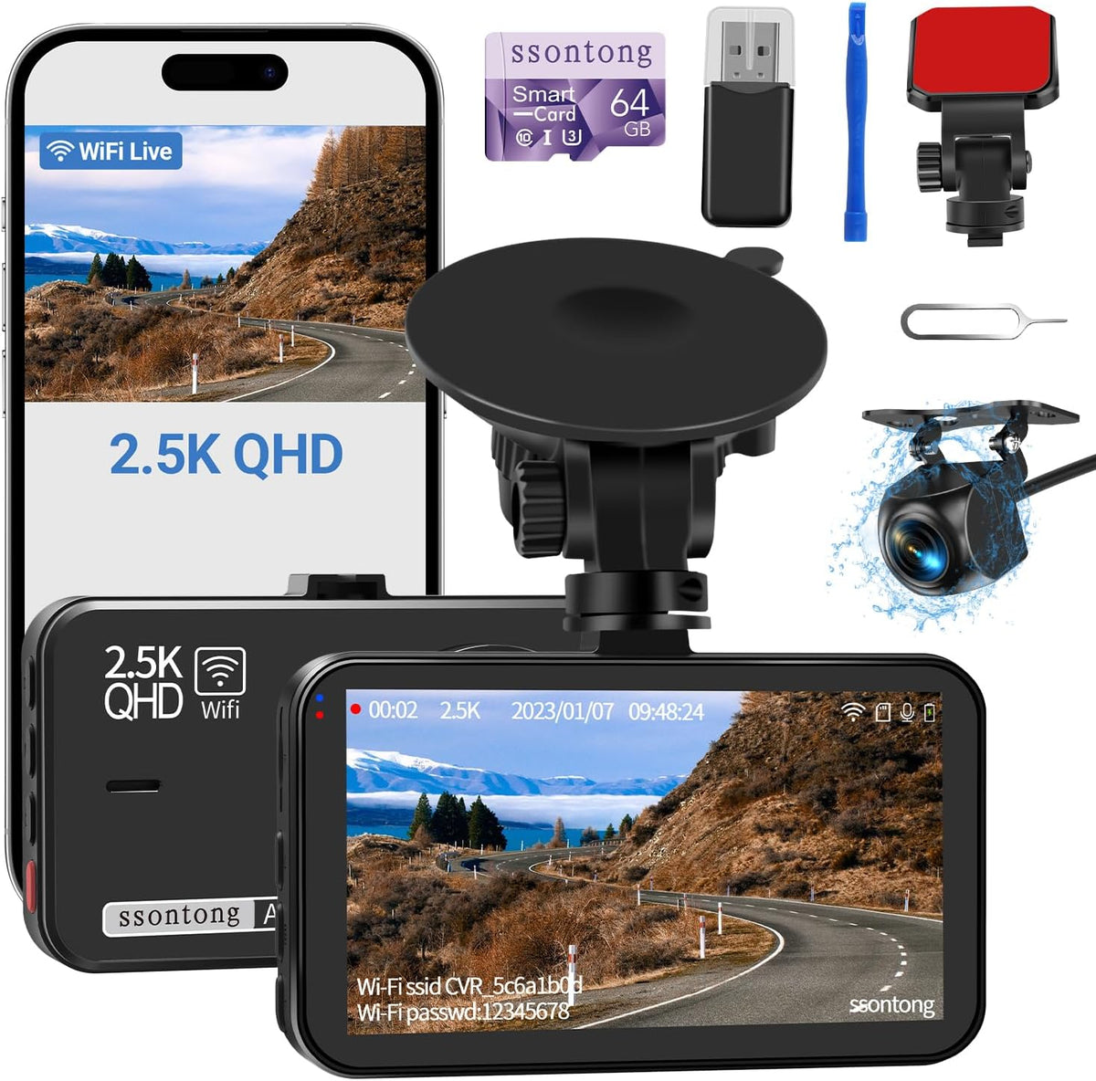 Dash Cam Front and Rear, 2.5K Front 1080P Rear WiFi App Control w/64GB Card