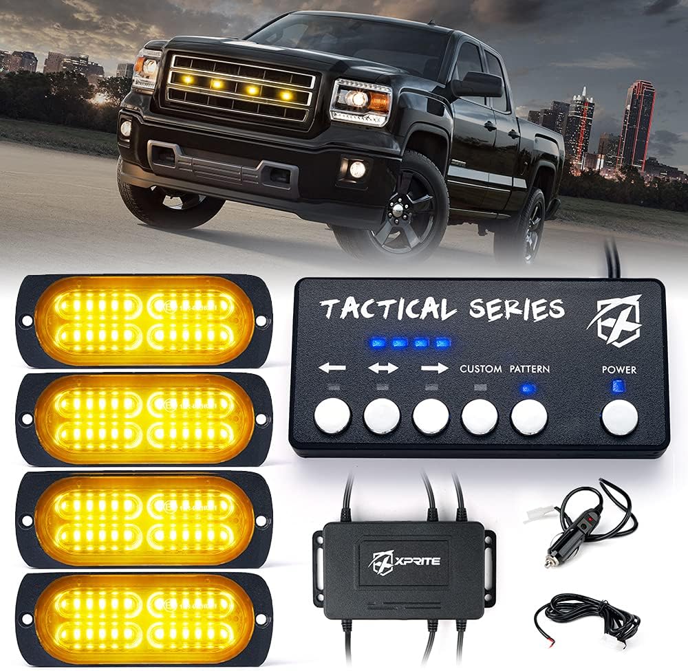 Xprite 24 LED White Amber Surface Mount Strobe Lights Kit with Control Panel, Grill Grille Side Marker Flashing Light Assemblies for Construction Towing Snow Plow Pickup Work Trucks Cars-4PCS