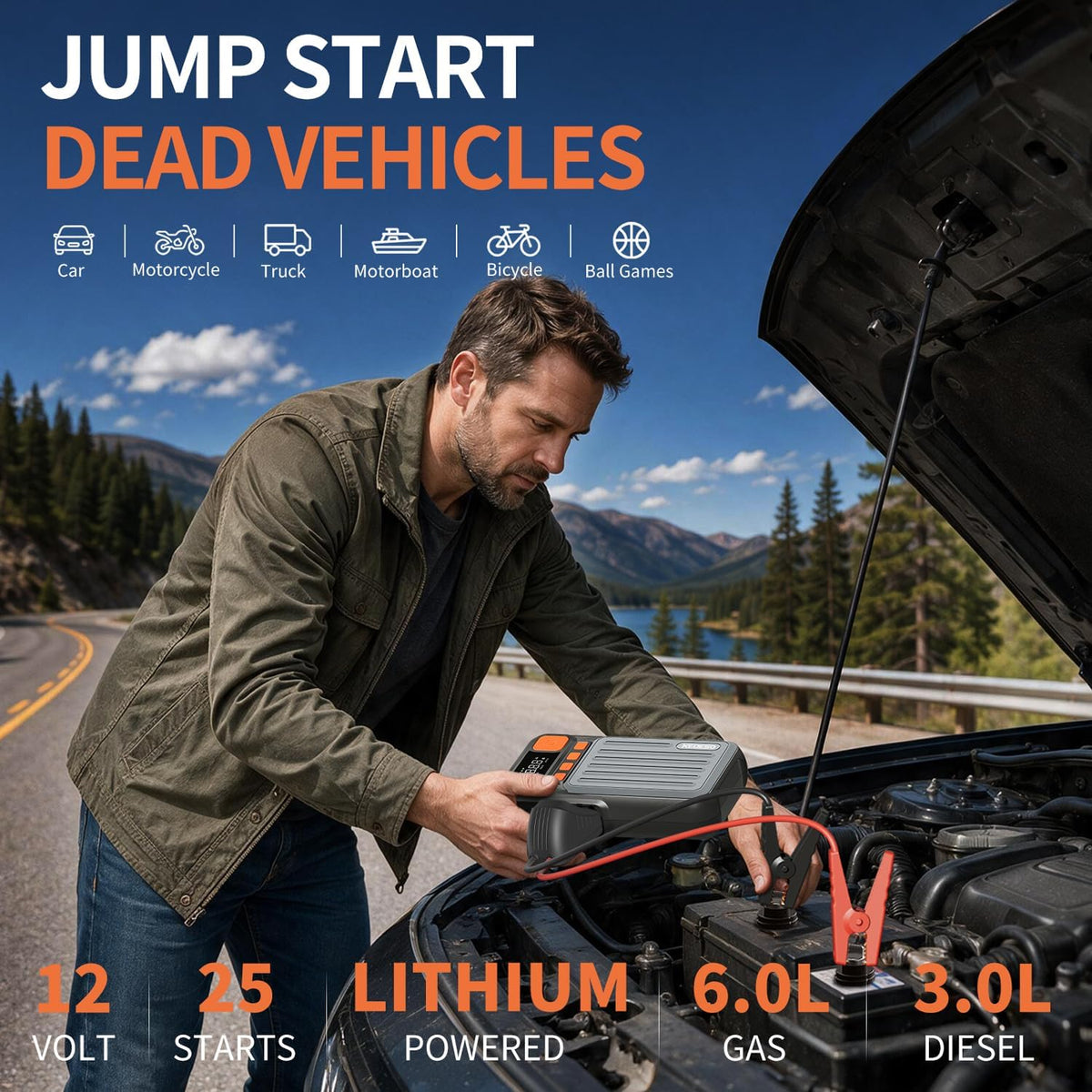 12V Car Battery Jump Starter with 160PSI Air Compressor, Jump Box