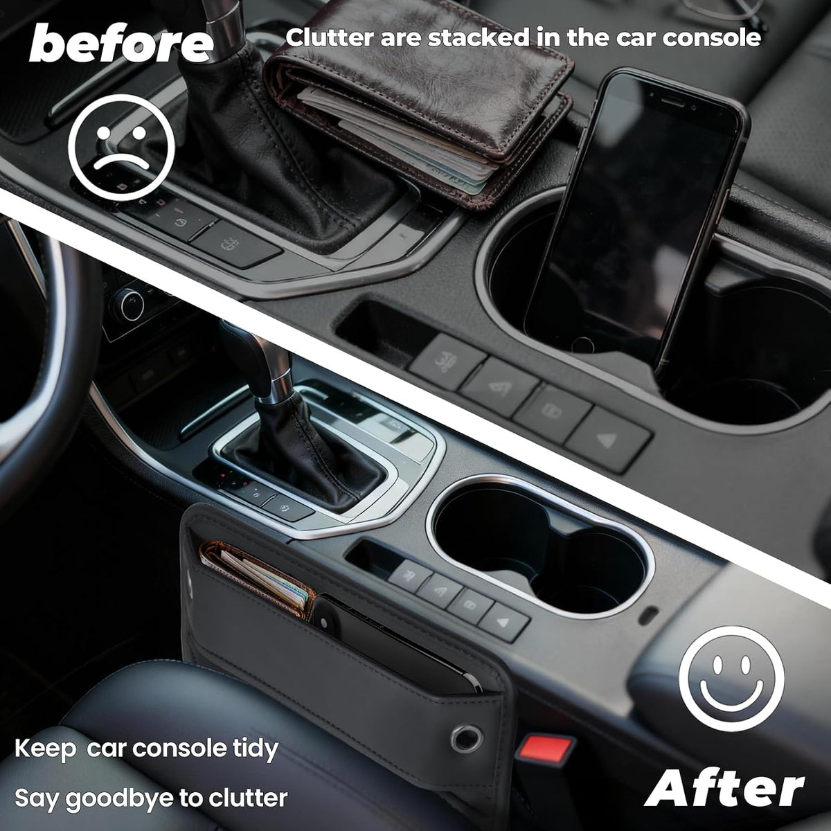 2-Pack Car Seat Gap Filler Organizer - Upgraded Anti-Slip Strap Design - Premium Leather Side Console Pocket - Prevent Phone Falling - (0.2”-1.2" Gaps),Clever Gifts for SUV, Truck & Sedan, Black