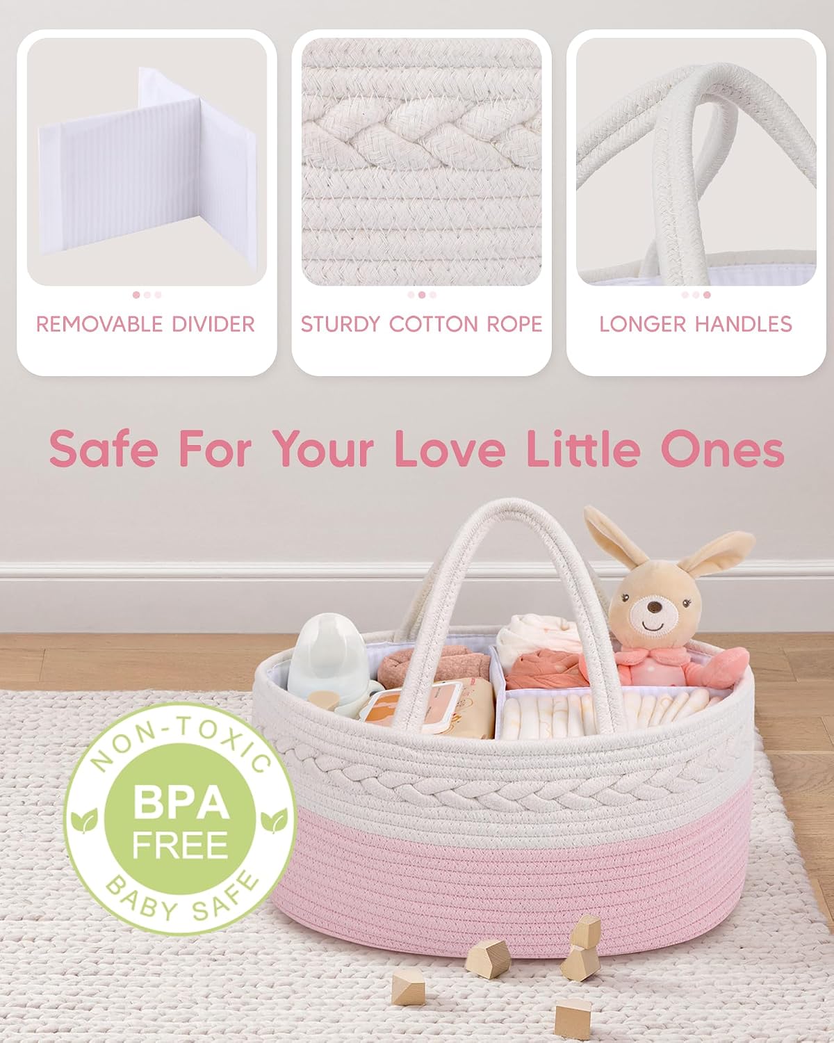 Maliton Diaper Caddy for Baby Girl-Cotton Rope Diaper Caddy, Diaper Organizer for Changing Table, Portable Baby Basket for Storage Baby Stuff, Newborn boy girl baby essentials Registry Items