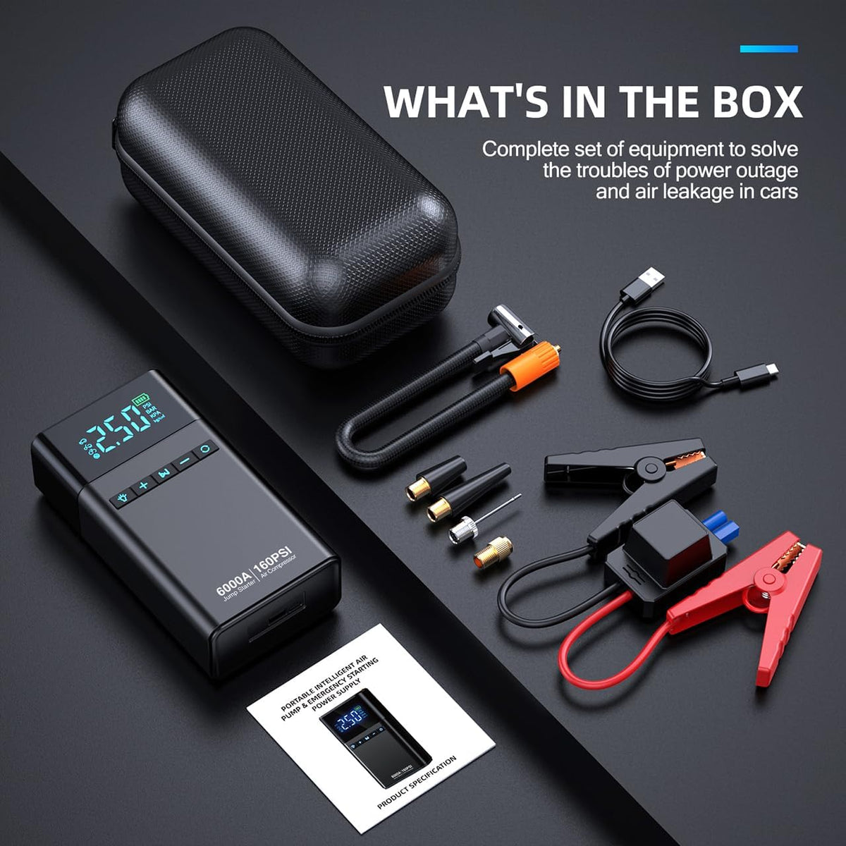 6000A Portable Car Battery Jump Starter with Air Compressor 160PSI