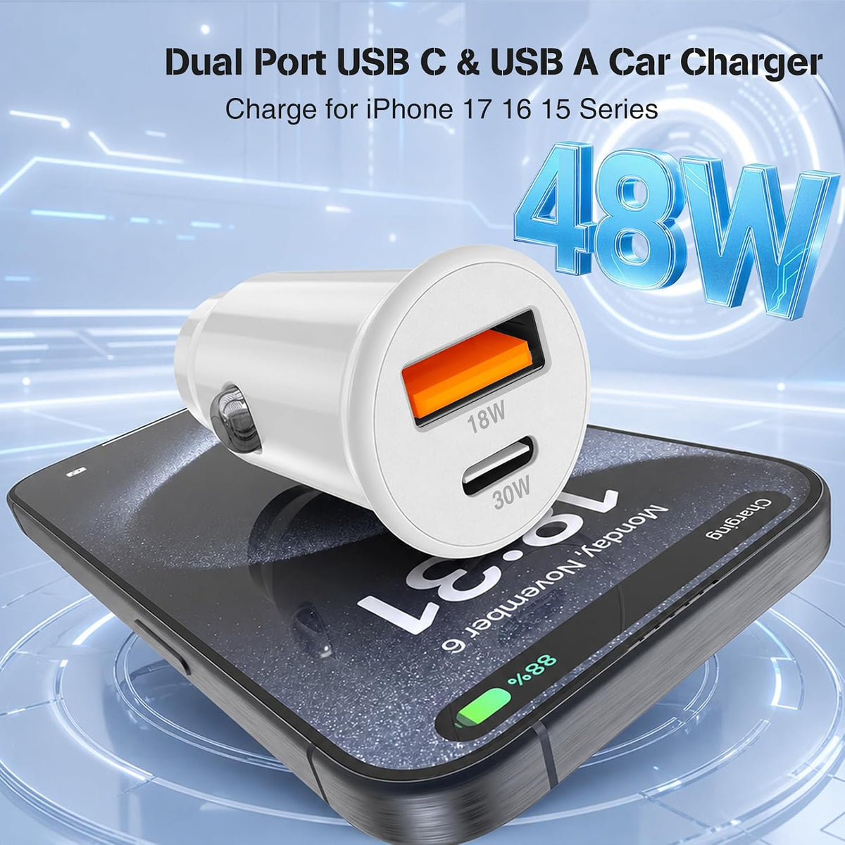 48W USB C Car Charger, Dual Port USB-C & USB-A Car Fast Charging Adapter
