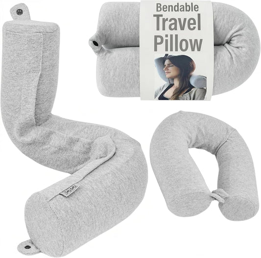 Dot&Dot Twist Memory Foam Travel Pillow, Bendable Neck Pillow for Airplane, Car and Home, 26-Inch Adjustable Roll with Washable Cotton Cover, Gray