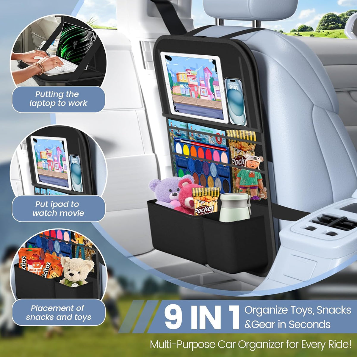1 Pack Car Backseat Organizer with Tray, Tablet Holder for Kids Trip