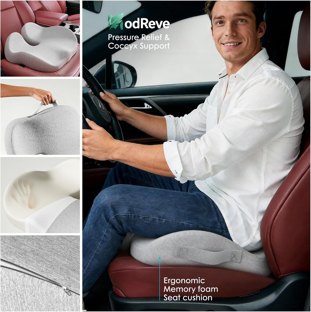 Car Seat Cushion, Memory Foam Cushion with Carry Handle for Drivers, Orthopedic Sciatica & Tailbone Pain Relief for Long Driving, Comfort