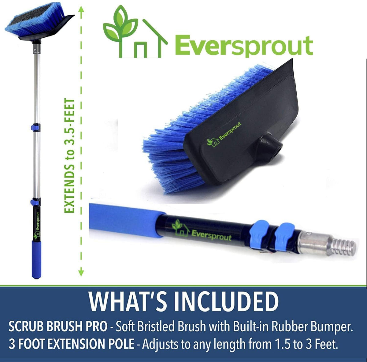 EVERSPROUT Scrub Brush, 1.5 to 3ft Pole, Rubber Bumper, No-Scratch