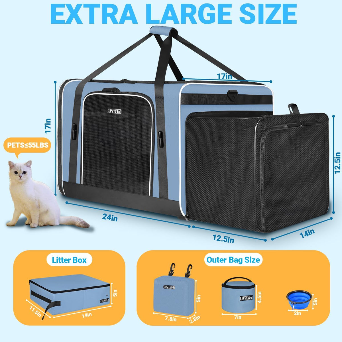 24"x17"x17" Petskd Side Expandable Extra Large Cat Carrier with Litter Box Area for Car Travel, Collapsible Soft Large Pet Carrier or 2 Cats Under 55LBS with Seat Belt Buckles(Blue)