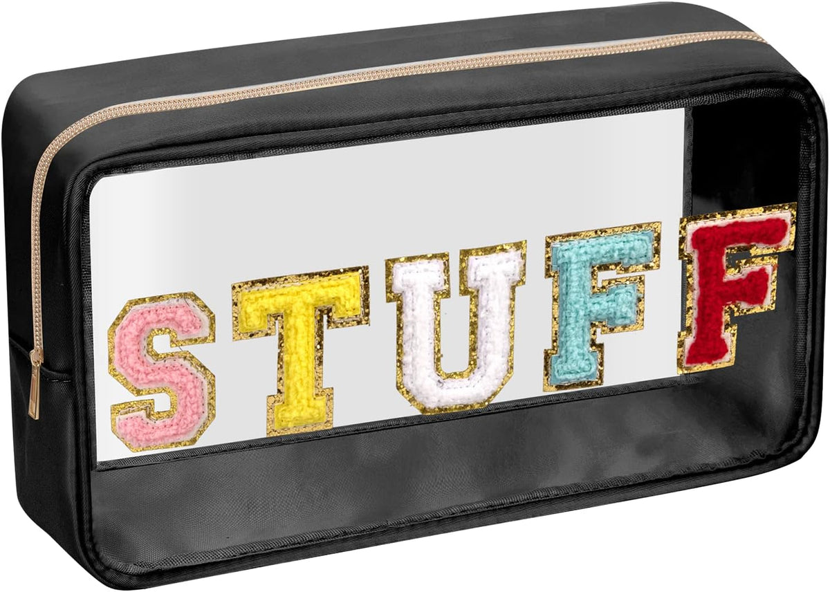 Iqimott Clear Patch Makeup Bag Stuff Pouch, Preppy Personalized Chenille Letter Cosmetic Pouch for Travel, Nylon Waterproof Organizer Travel Essentials Zipper Toiletry Bags for Women Girls(Black)