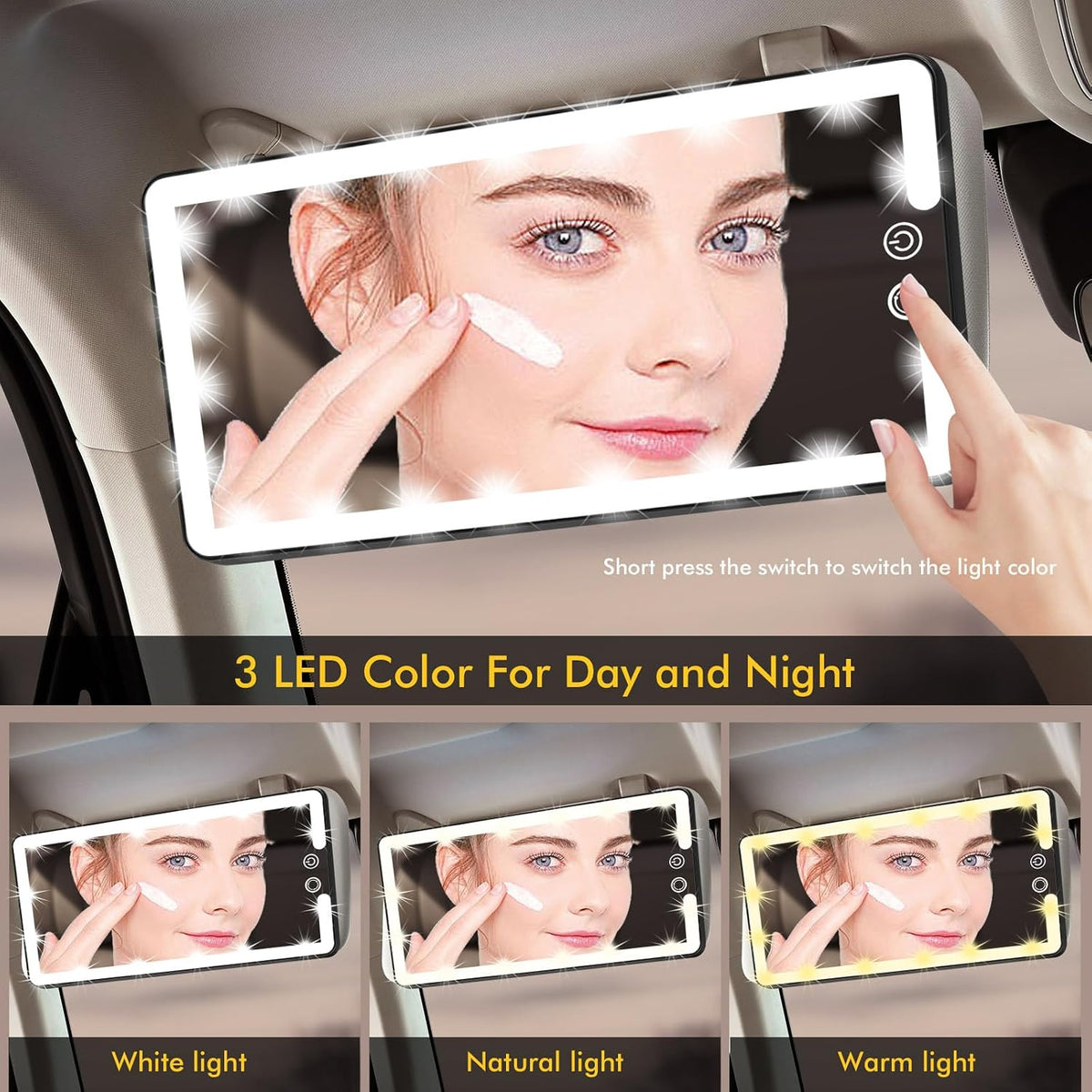 Car Sun Vanity Mirror with Lights, 3-Color Dimmable Light Mirror for Cars