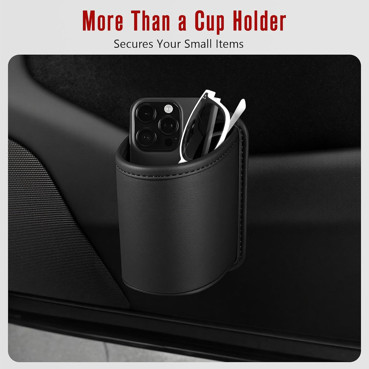Leather Car Door Cup Holder Organizer (2-Pack) | Anti-Sag Clip On Backseat Cupholder for Side Door, Front Seat | Extra Auto Drink Holder Standard 3.22" Fit for 20-30oz Tumbler | Ideal for Sedans & EVs