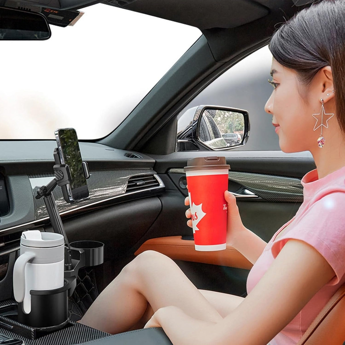 4 Styles Multifunctional Options Automatic Car Cup Holder/Tray/Phone Holder Expander,Adjustable Arms & Extendable Base Insert,360°rotation， Compatible with Phones and Most Bottles (phone-double cup)