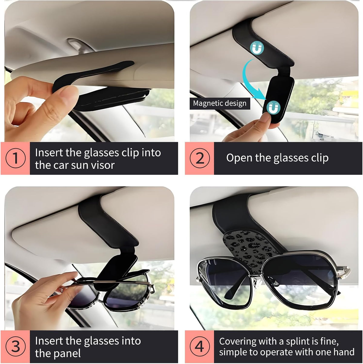 Sunglasses Holder for Car Visor, PU Leather Glasses Clip Organizer, Cute Magnetic Eyeglass Holder for Vehicle Sun Visor, Car Interior Accessory for Women & Men Black Sparkle Leopard