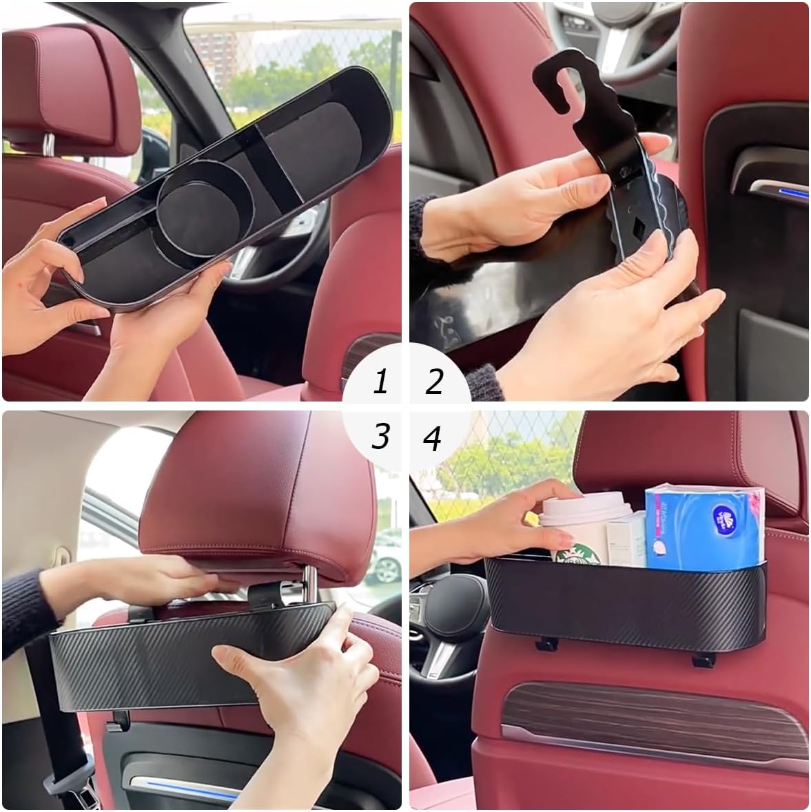 BELOMI 2PCS Car Headrest Backseat Organizer with Cup Holder, Seat Back Hanging Storage Box with Hooks, Multi-Functional Drink Pocket Food Snack Phone Tray for Kids, Car Travel Accessories（Red/2PCS）