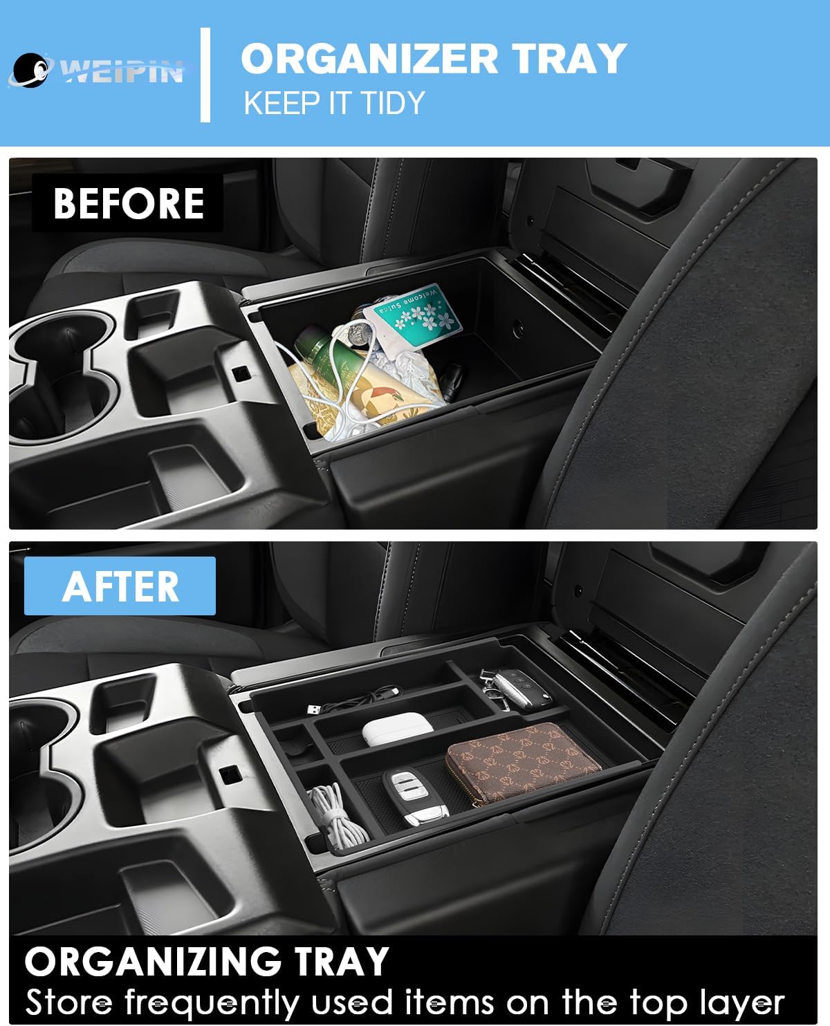 For Center Console Tray Compatible with 2019-2026 Chevy Silverado 1500& 2020-2026 Silverado 2500HD 3500HD (Split-Bench Folding Seat) Armrest Storage Box Console Organizer ABS Materials
