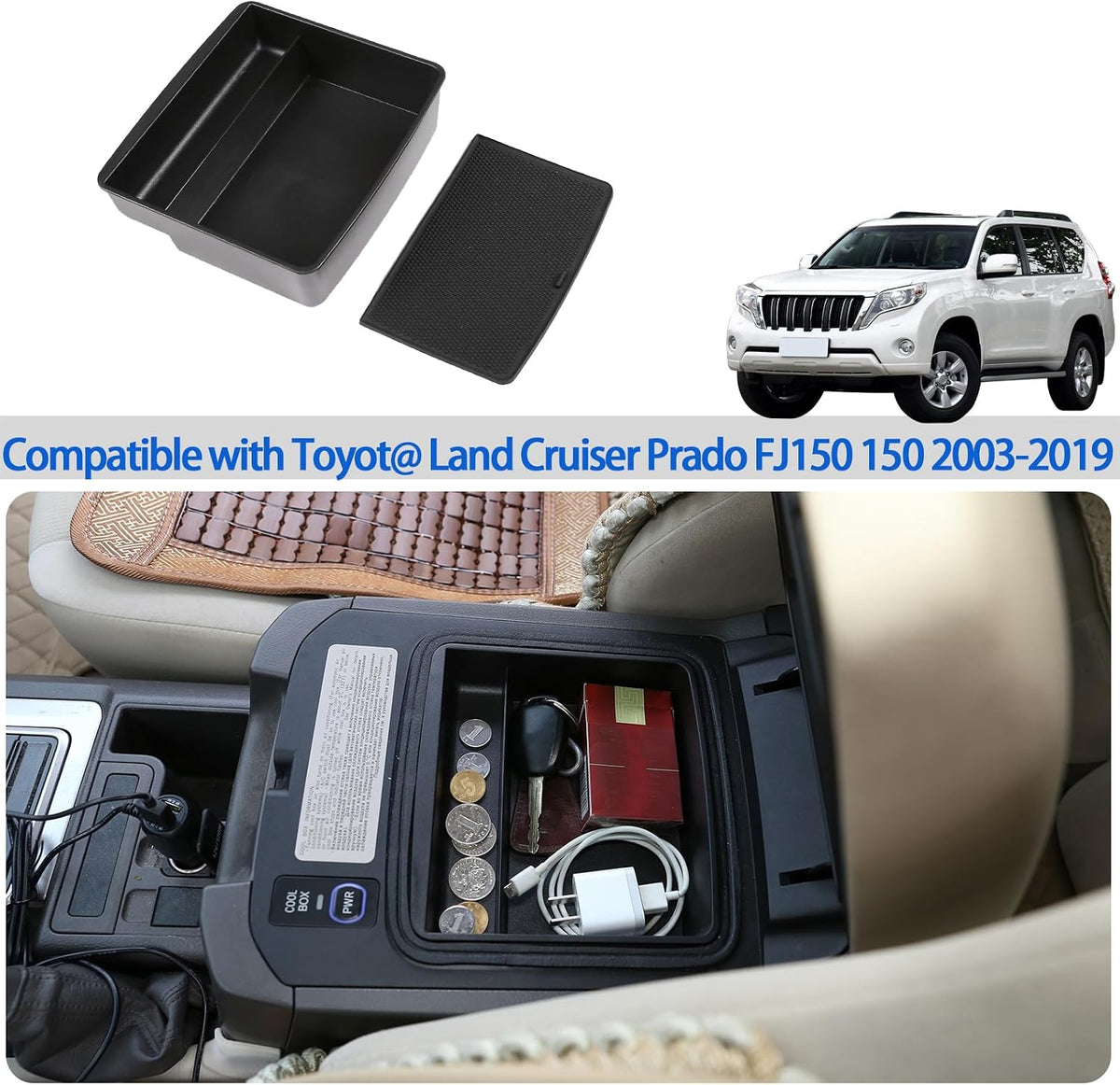 Center Console Storage Box Fit for Toyot@ Land Cruiser Prado FJ150 150 2003-2019, Console Side Tray Organizer Storage, with Mat (2003-2019 Fit Car Refrigerator)