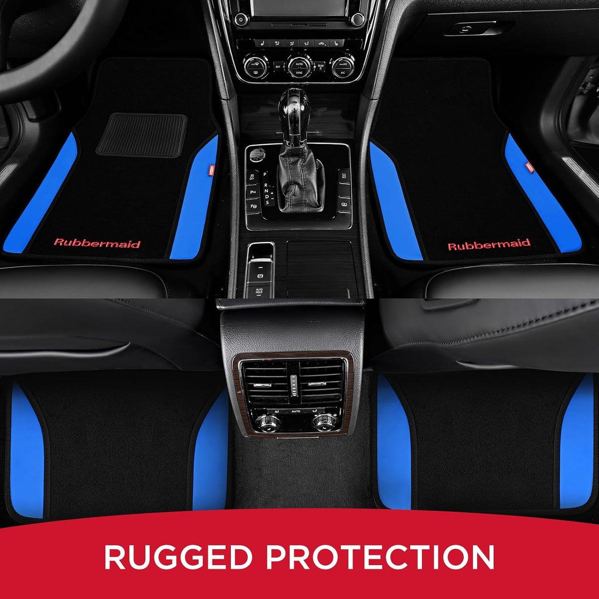 Rubbermaid Car Mats, Carpeted Floor Car Mat with Faux Leather & Built-in Heel Pad, Two-Tone Car Rug Floor Mats, Stylish Carpeted Floor Mats for Cars, Trucks & SUVs Blue Color