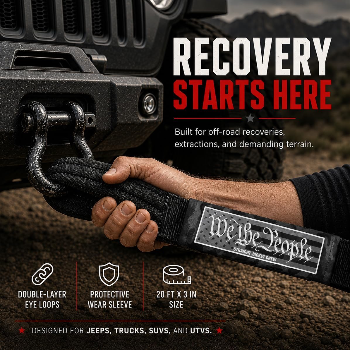 3" X 20' Heavy Duty Tow Strap - 30,000 Lb Break Strength Recovery Strap for Truck, SUV, Jeep & Off-Road Use | Reinforced Loops, Abrasion Sleeve & Carry Bag Included.