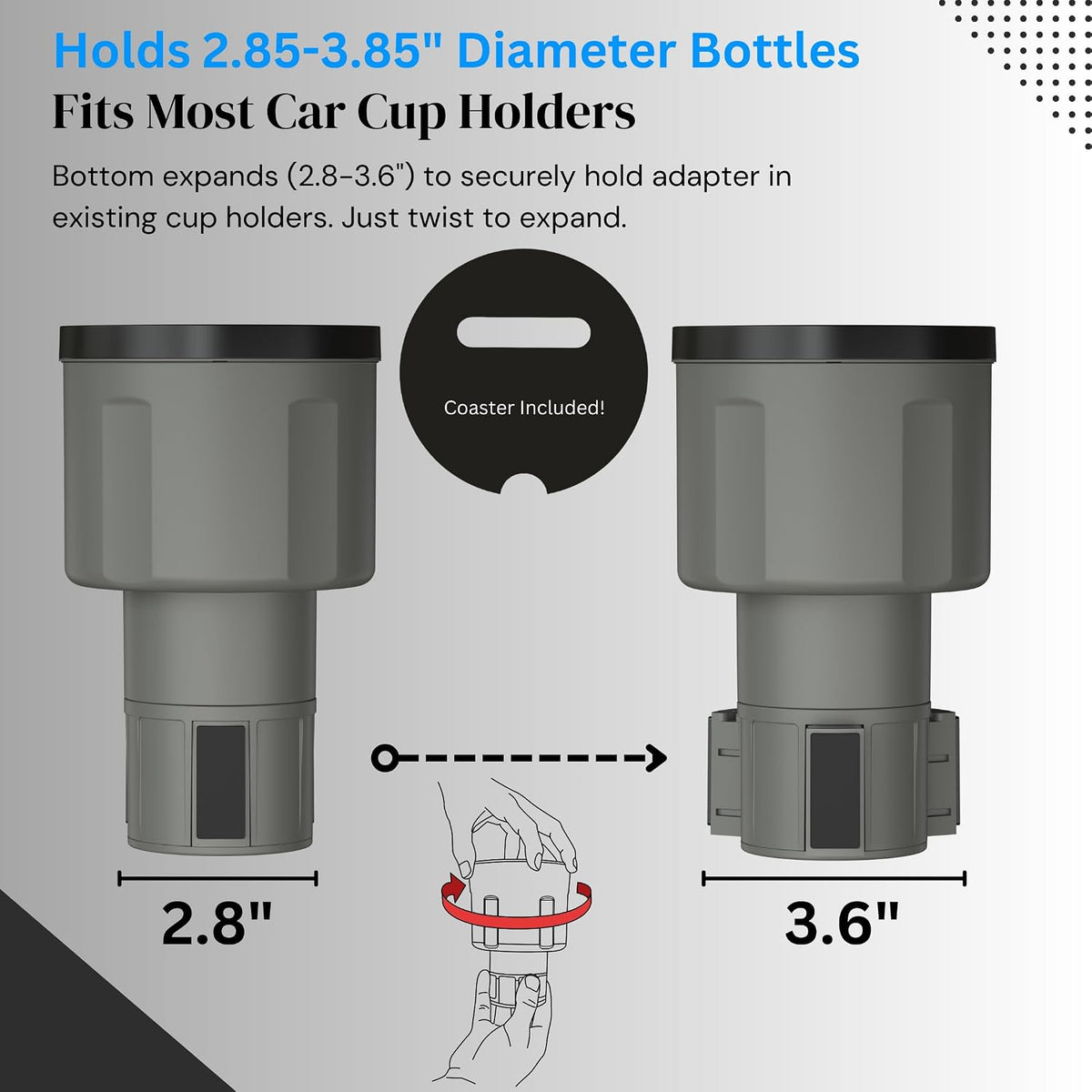 Swigzy Car Cup Holder Expander, Water Bottle Adapter Extender Insert, Gray