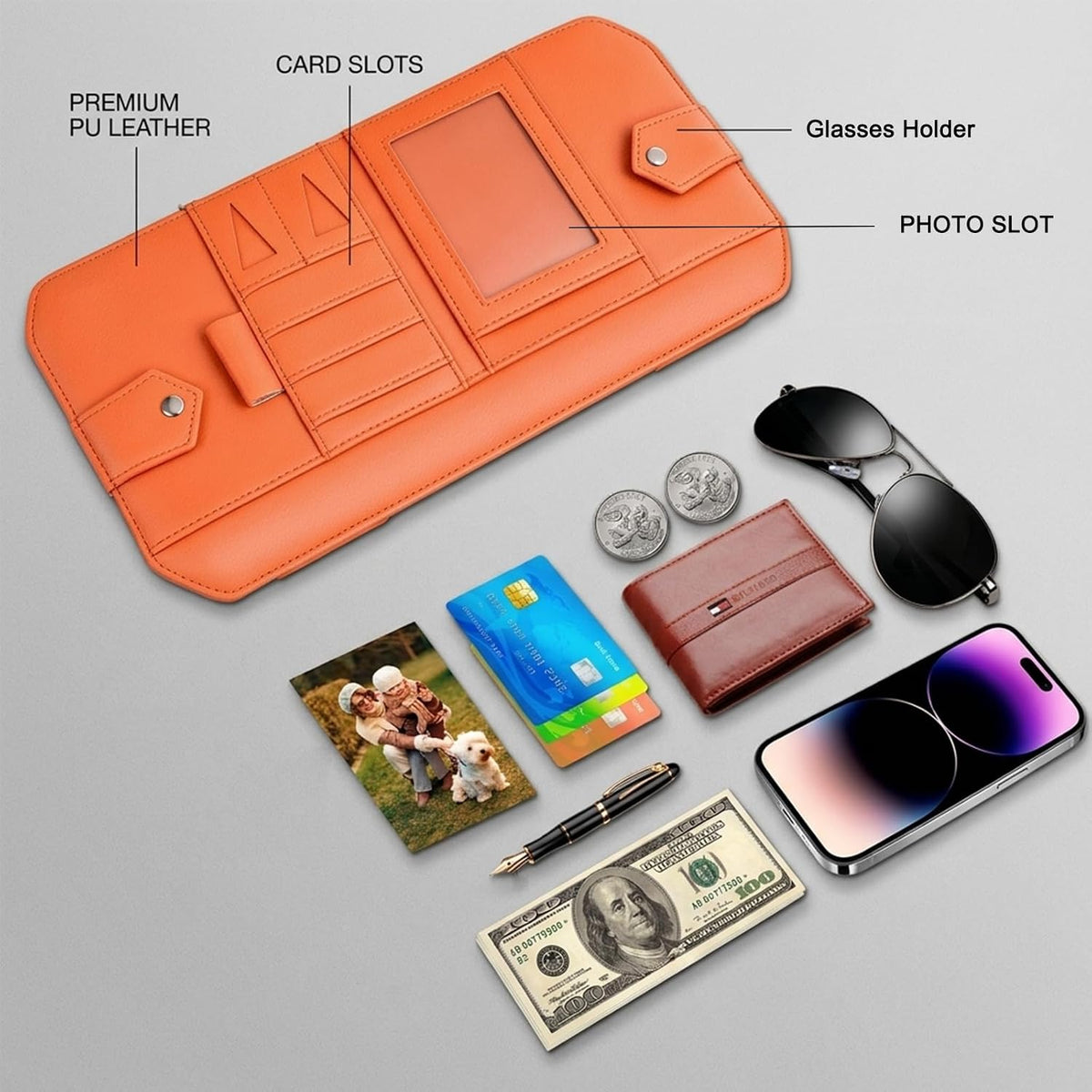 Car Sun Visor Organizer, Multi-Pocket Auto Interior Storage Pouch with Secure Metal Clip Hook and Loop Straps, PU Leather Visor Case for Sunglasses, Cards, Photos, Pen, Universal Fits (Grey)