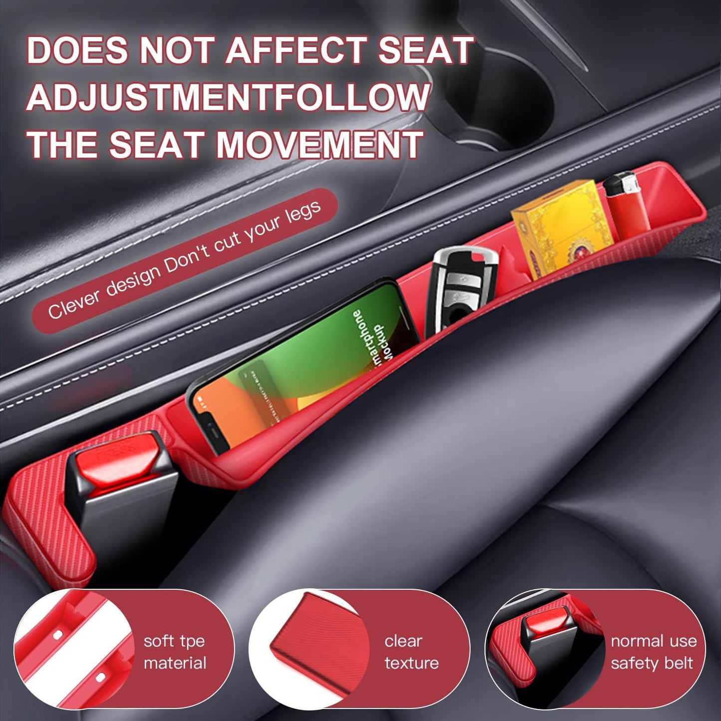 2PCS Car Seat Gap Filler Organizer,Multifunctional Car Gap Fillers with USB and Phone Holder, Universal Car Seat Storage Organizer Between Seats for Phone, Keys, Eyeglasses(Red)