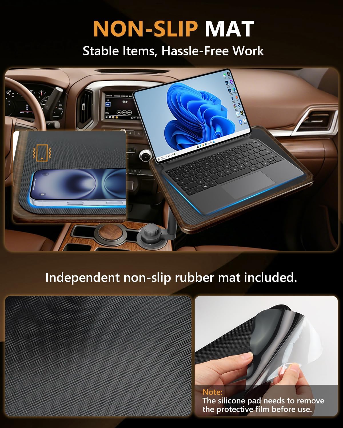 Car Desk for Laptop, 360° Rotation Cup Holder Table, Car Table & Car Food Tray for Tesla Model Y/3, F-150/Ram 1500/GMC Sierra 1500 & Most Vehicles, Car Accessories for Women & Men(Long Pole)