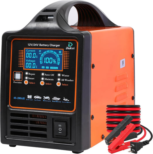 12V 24V Heavy‑Duty Car Battery Charger,15A Trickle Maintainer with Repair