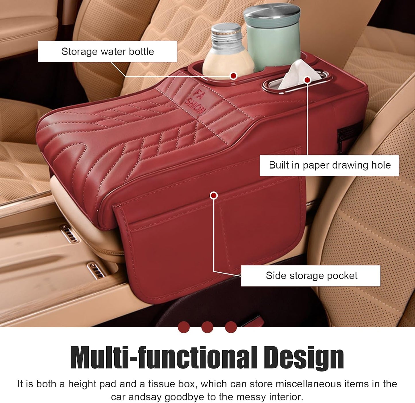 Car Seat Gap Organizer, Car Interior Organizer for Seat Gap Storage, Leather Multi-Functional Storage Box with Tissues, Universal for Most Cars (Red)
