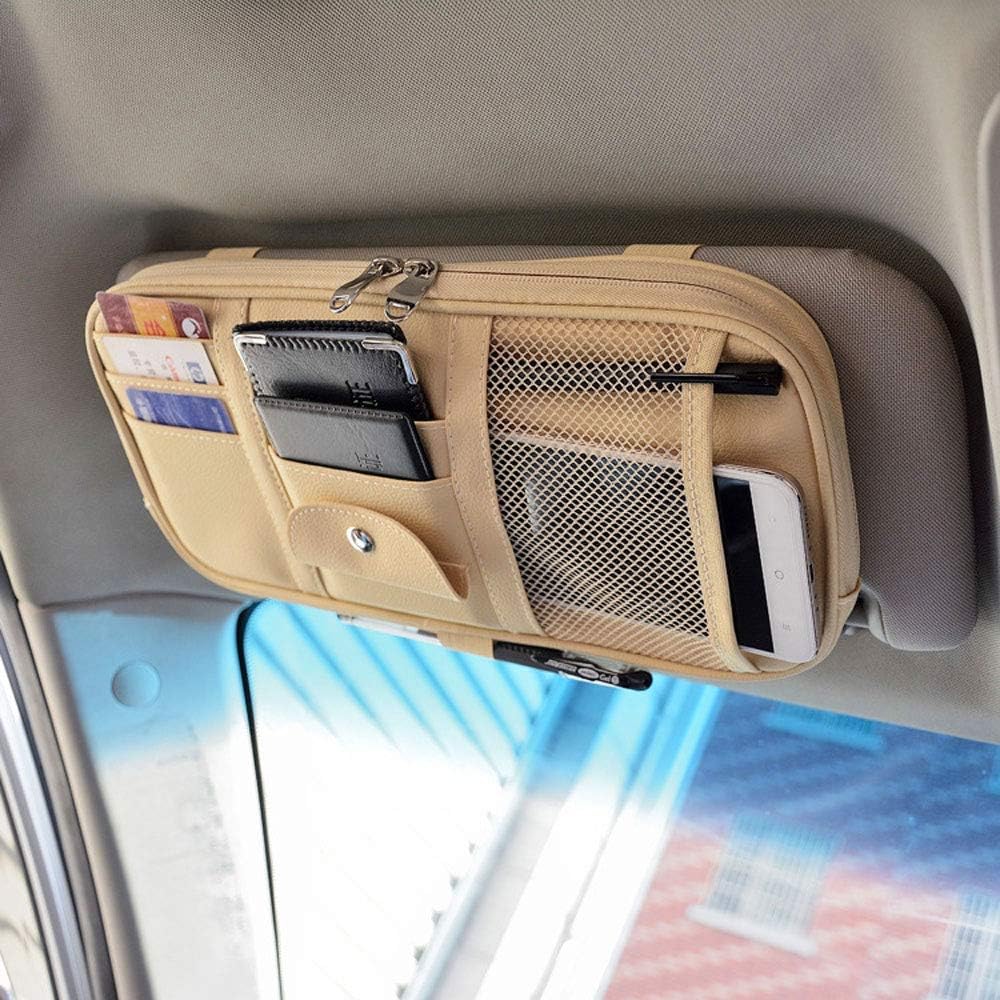 Da by Car Sun Visor Organizer, Multi-Pocket Visor Organizer Storage Pouch for Cars, SUVs & Trucks with Double Zippers, Elastic Bands & Glasses Clip- Organizes Essentials Keep Tidy (Beige Light Yellow)