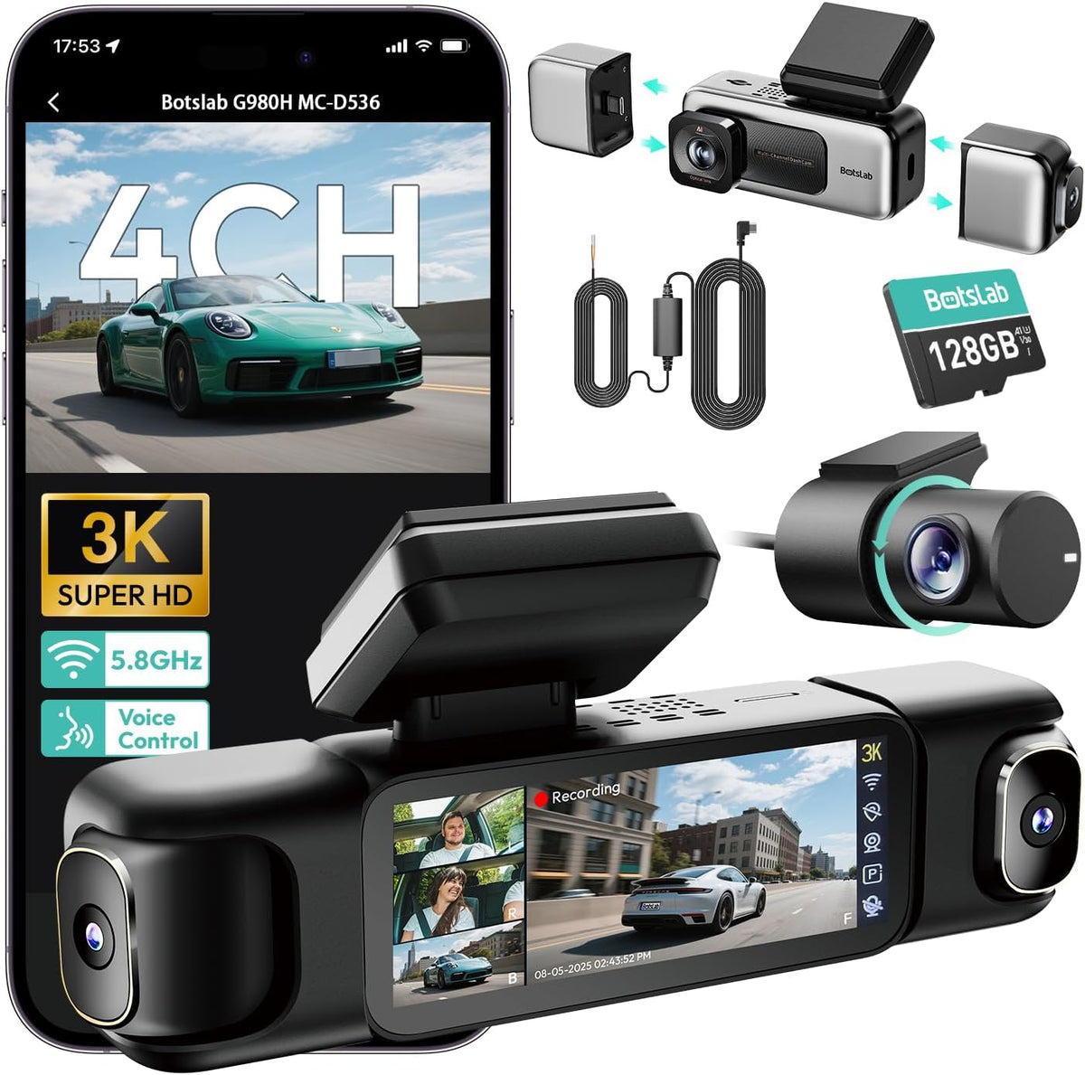 BOTSLAB 4 Channel 360° Dash Cam with Hardwire Kit, 128GB Card,Voice Control