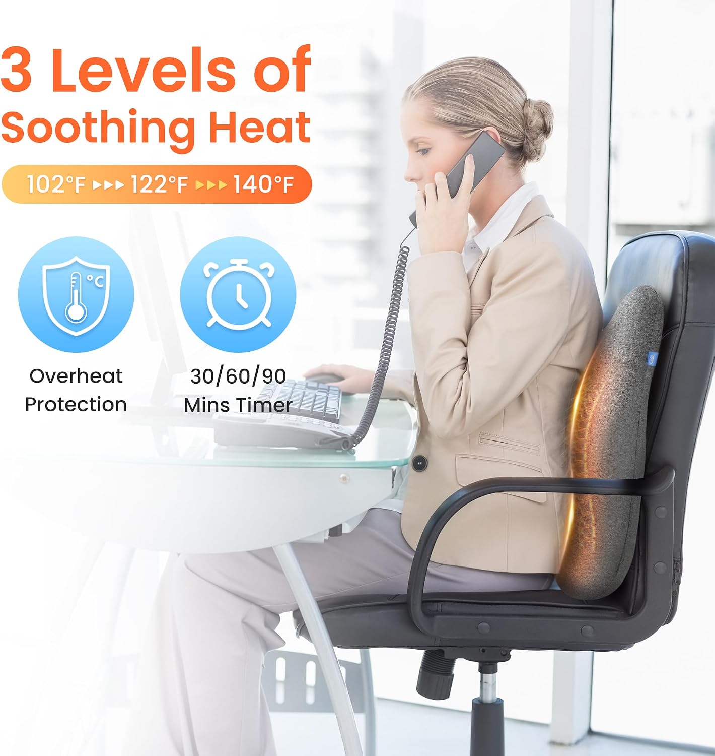 CILI Heated Lumbar Support Pillow for Office Chair, Ergonomic Back Support Cushion with Vibration, Memory Foam Chair Back Massager,Father‘s Day Gift for Dad