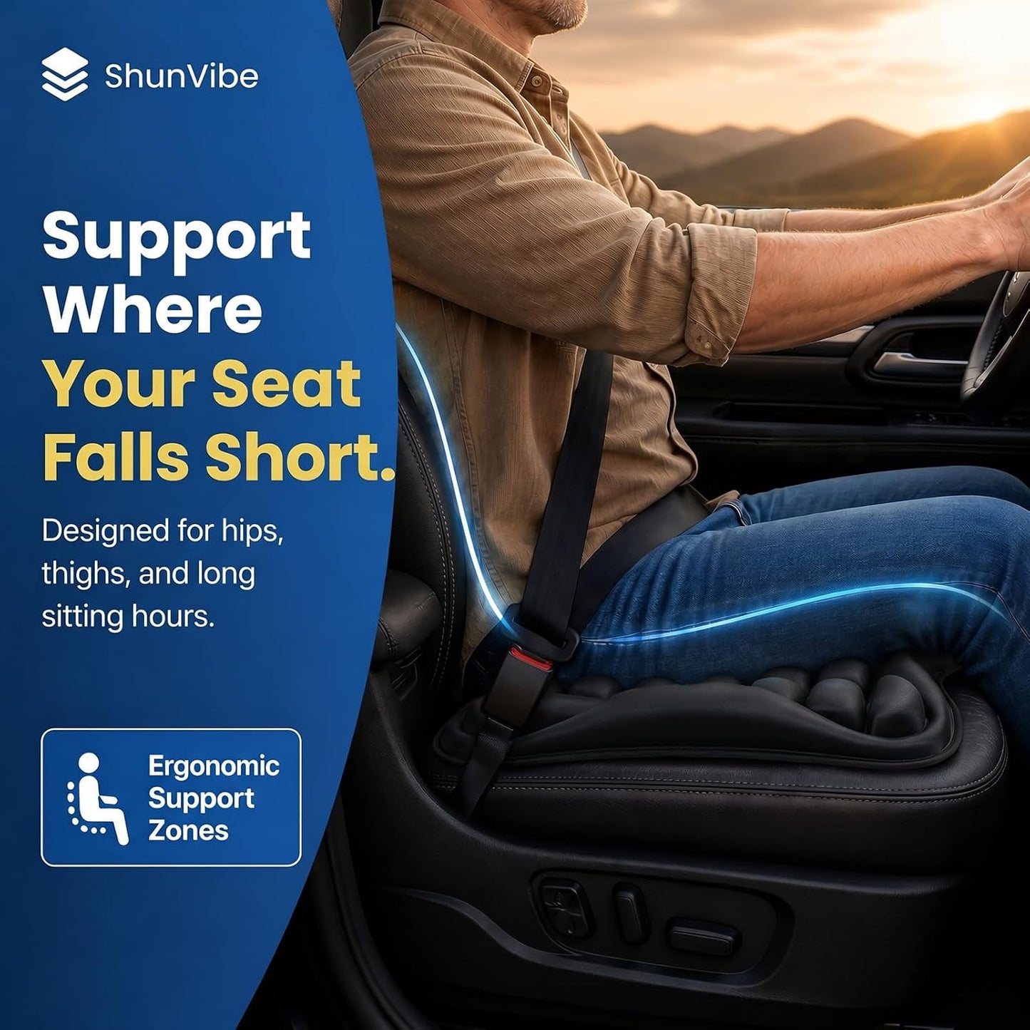 Car Seat Cushion for Long Drives, Pressure Relief Seat Pad with Built-in Pump, Adjustable Air Cell Cushion for Truck Drivers, SUV, Office Chair and Wheelchair