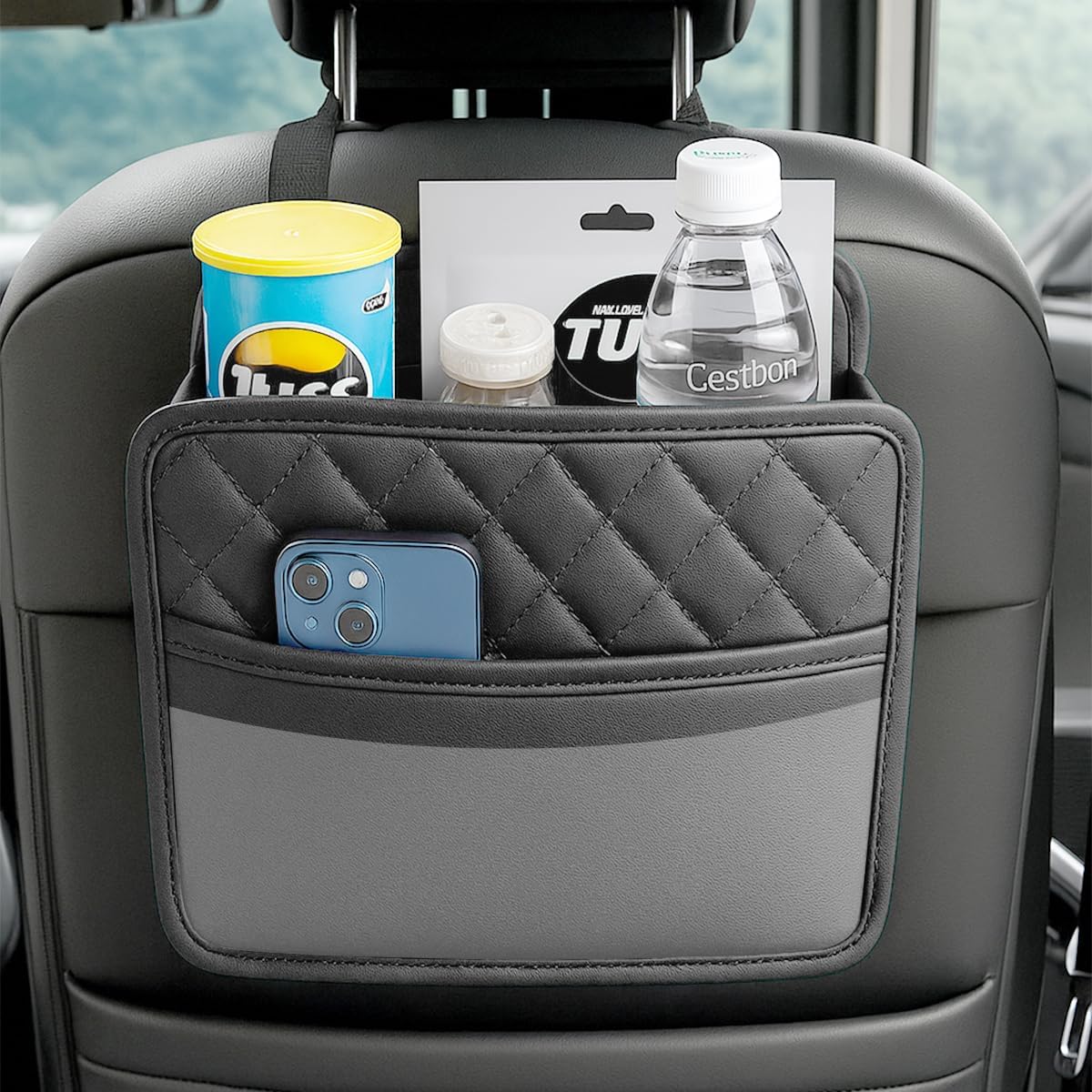 Car Seat Back Organizer, Leather Multipurpose Collapsible Vehicle Backseat Hanging Bag, Portable Automotive Interior Seat Storage Organizer, Universal for SUV RV Truck (Black)